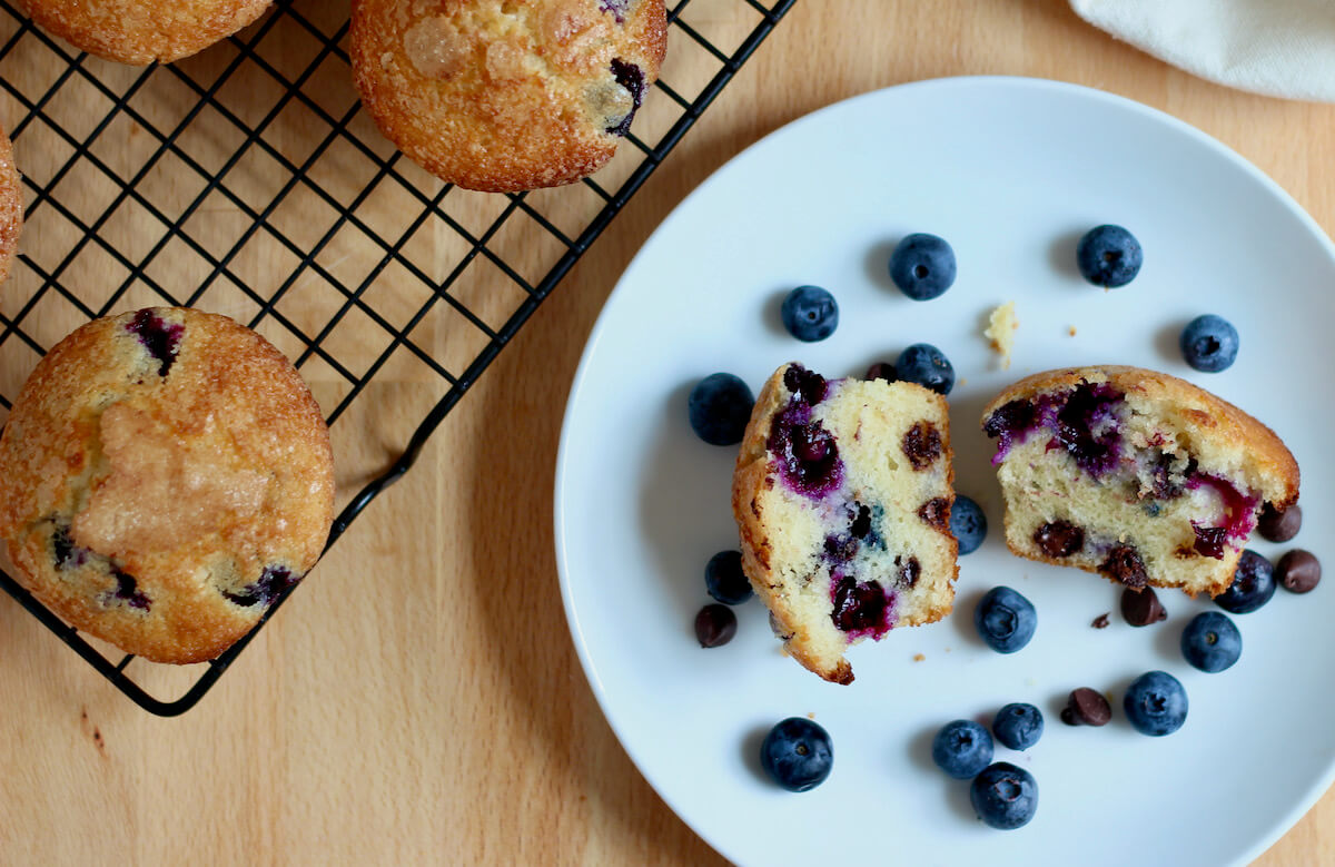A small white plate with a blueberry chocolate chip muffin cut in half. Scattered around the muffin on the plate are a few blueberries and chocolate chips. To the left of the plate are the rest of the muffins cooling on a wire rack.