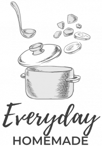 A sketch of an open pot with a ladle and various foods above it. Below the text reads "everyday homemade."
