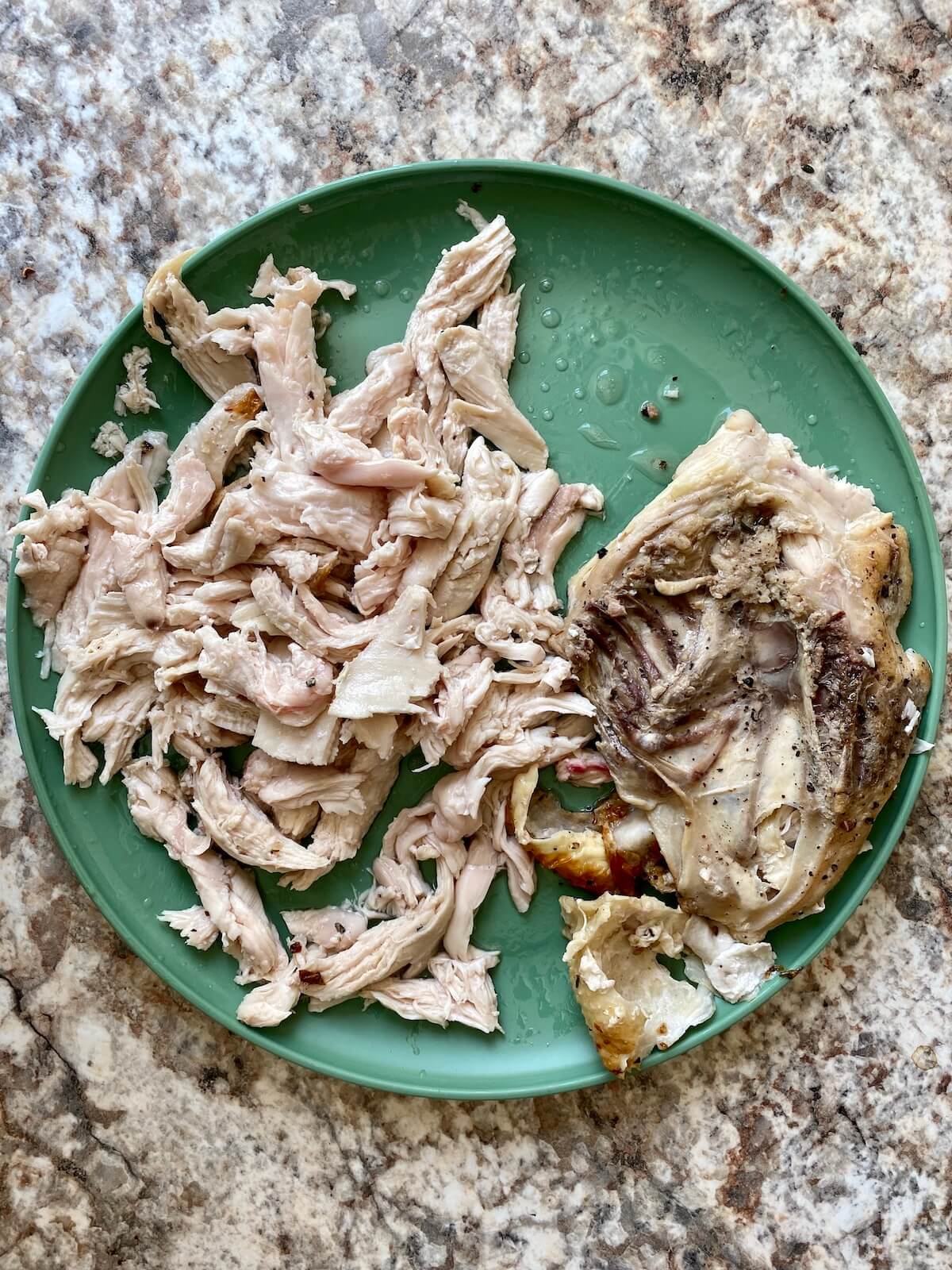 A green plate with shredded chicken breast on it.
