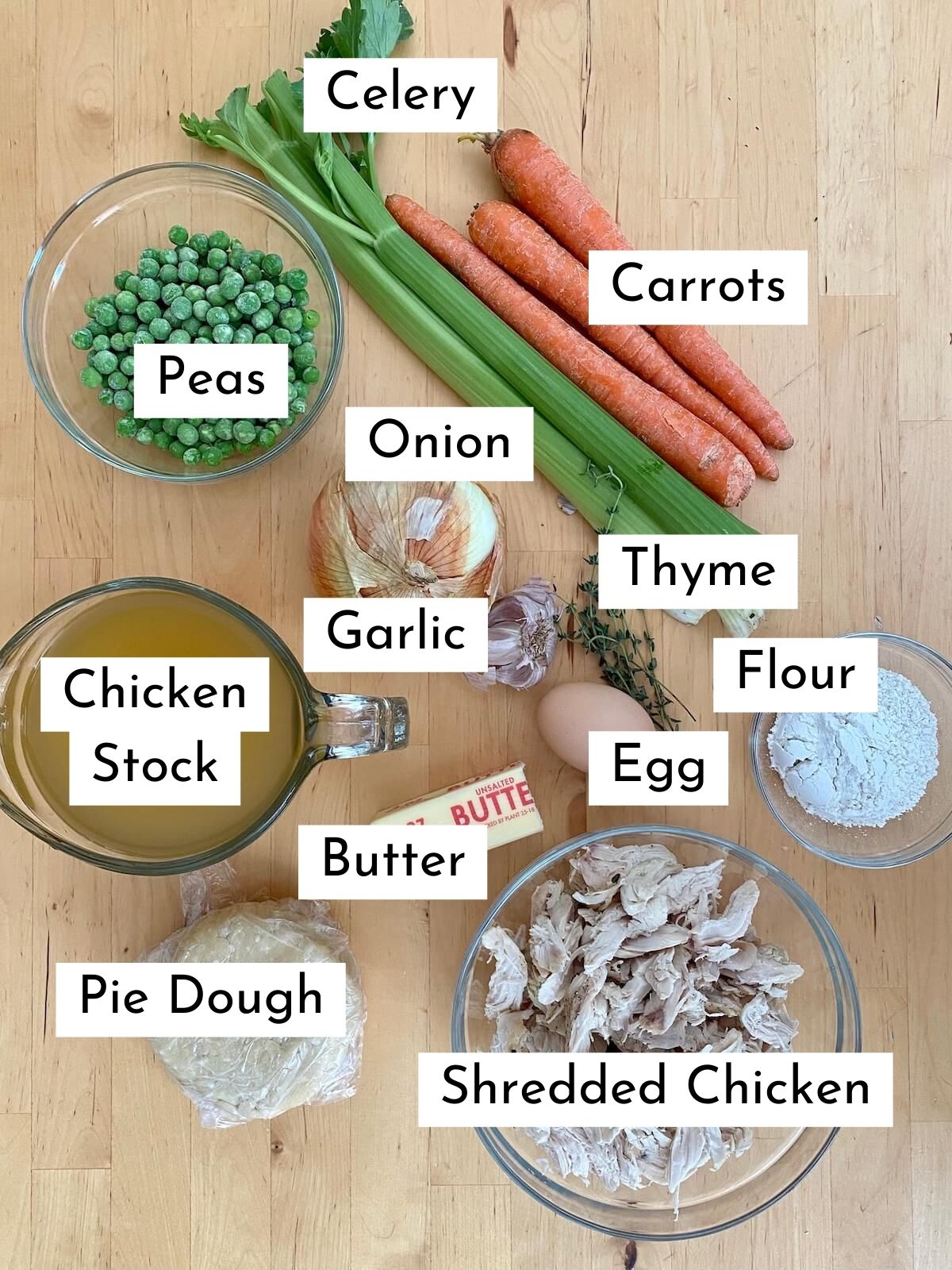 The ingredients to make dutch oven chicken pot pie. There is text over each ingredient stating what it is. The ingredients include celery, carrots, onion, peas, garlic, thyme, flour, shredded chicken, butter, chicken stock, pie dough, and an egg.