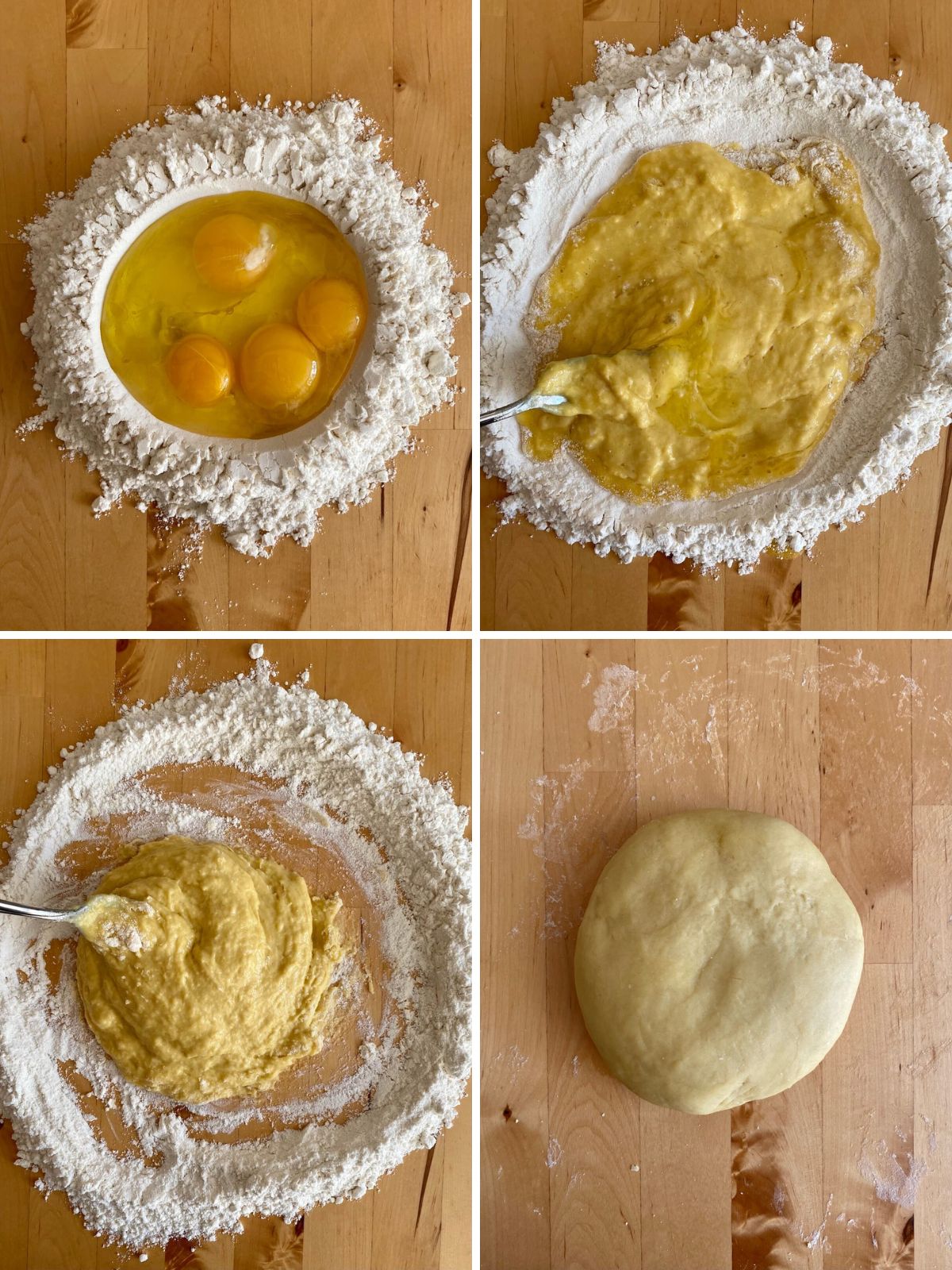 A grid showing the steps to make the fresh pasta dough. The first image is a flour well with raw eggs inside the center. The second image shows a thick batter in the middle of the well. The next step shows a thicker pasta dough with some raw flour still around it. The final picture shows a smooth dough ball.