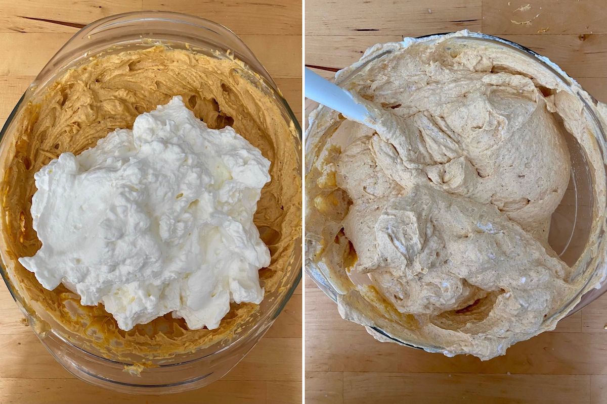 Two images side by side. The first image shows the pumpkin cream cheese filling with homemade whipped cream on top. The second image shows the pumpkin cream cheese filling after the whipped topping has been folded in.