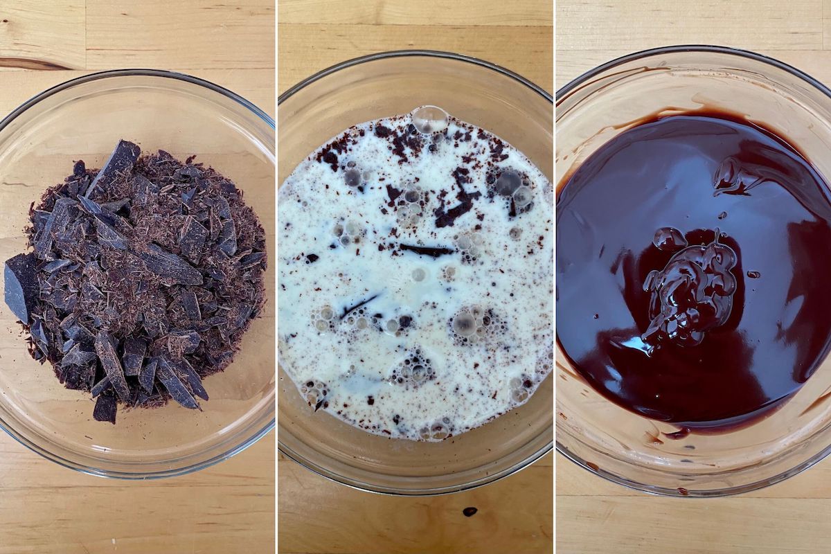 A series of three images showing the process of making chocolate ganache. The first one is chopped baking chocolate in a clear glass bowl. The second is warm cream poured over the chopped chocolate. The third image shows the finished chocolate ganache.