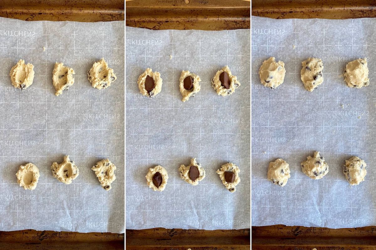 A series of three images showing the process of filling the cookie dough with chocolate ganache.