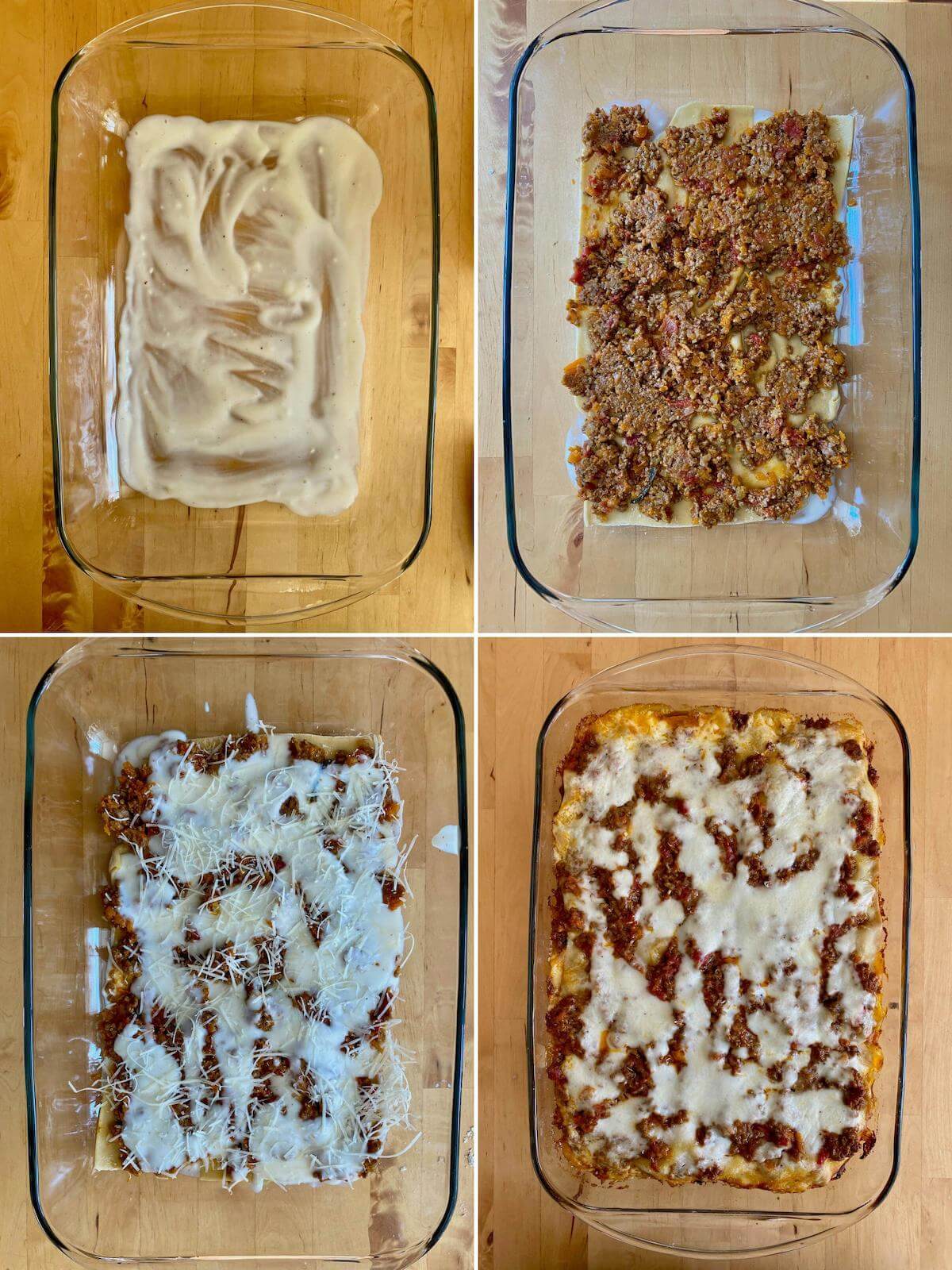A grid of 4 images showing how to assemble the lasagna al forno.