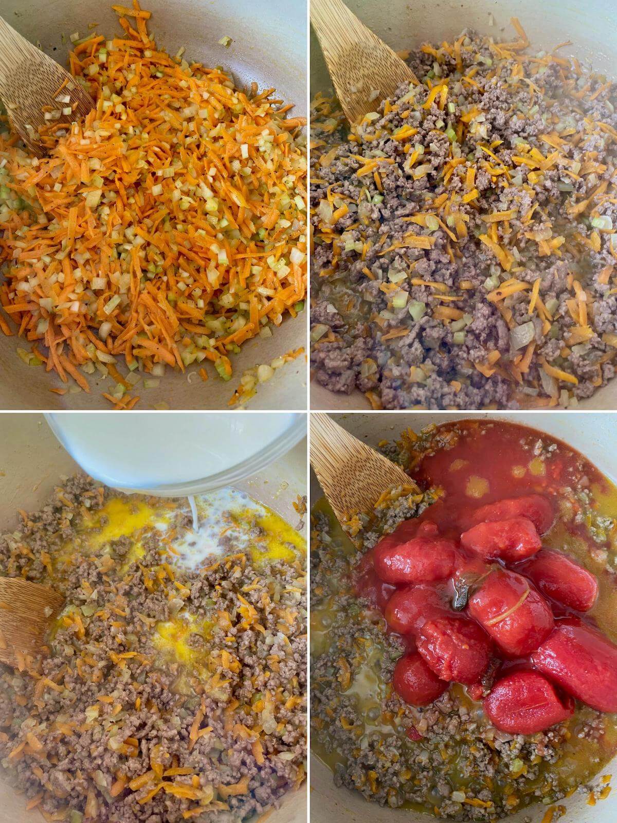 A grid of 4 images showing the steps to make bolognese sauce.