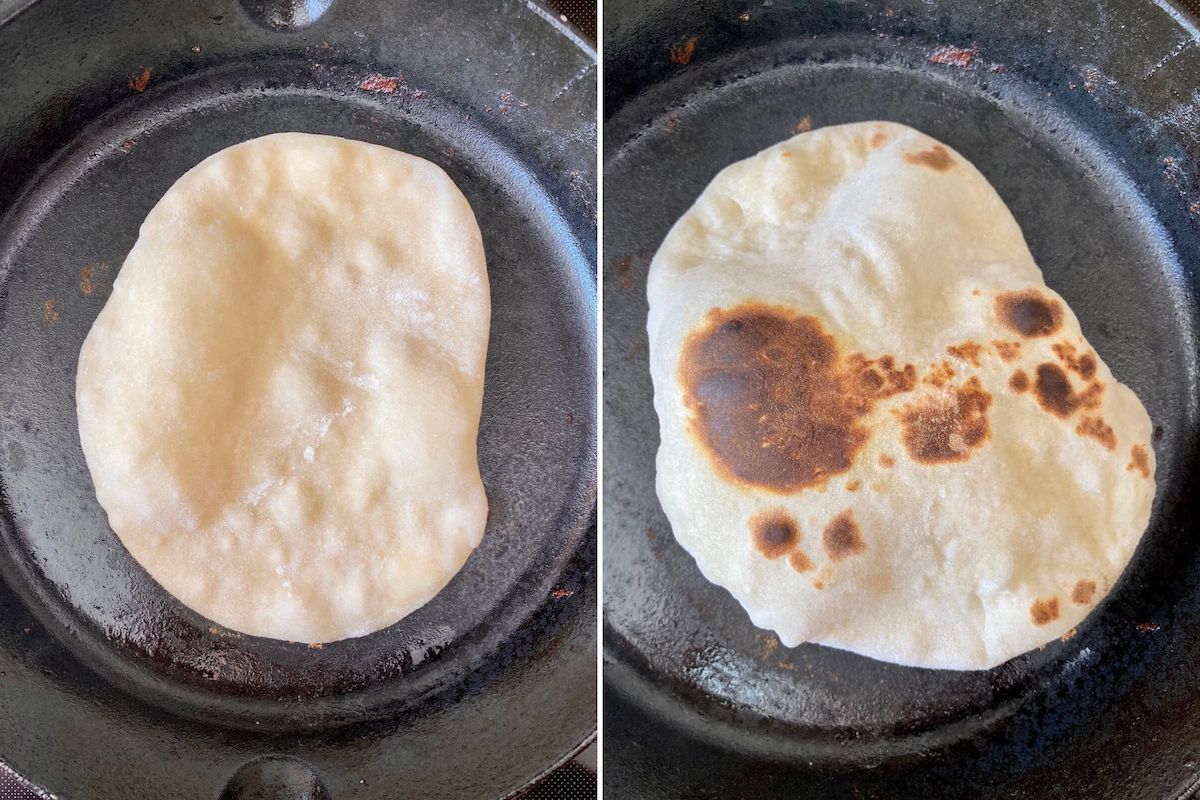 Two images showing a piece of naan bread being cooked in a cast iron skillet on the stove.