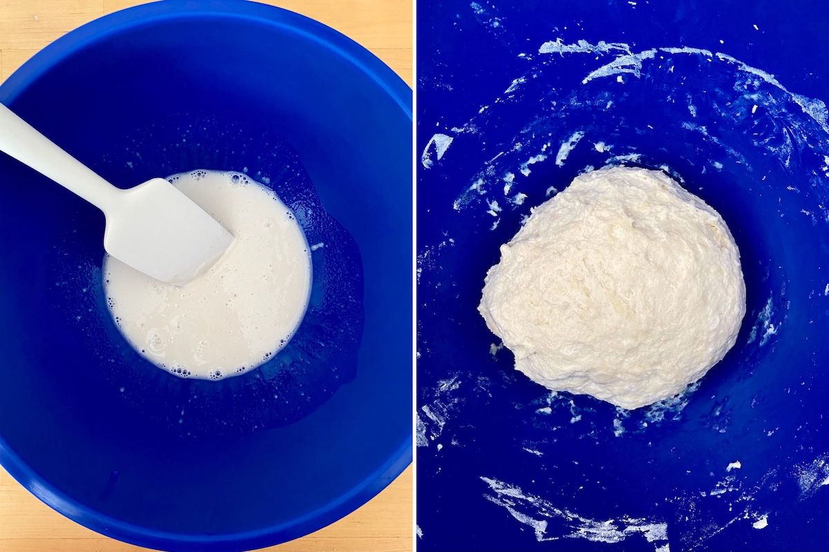 Two images showing the process of making the naan bread dough.