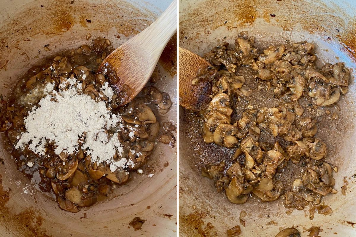 Two images side by side. The first shows braised mushrooms with raw flour sprinkled on top. The second shows the mushrooms coated in roux.