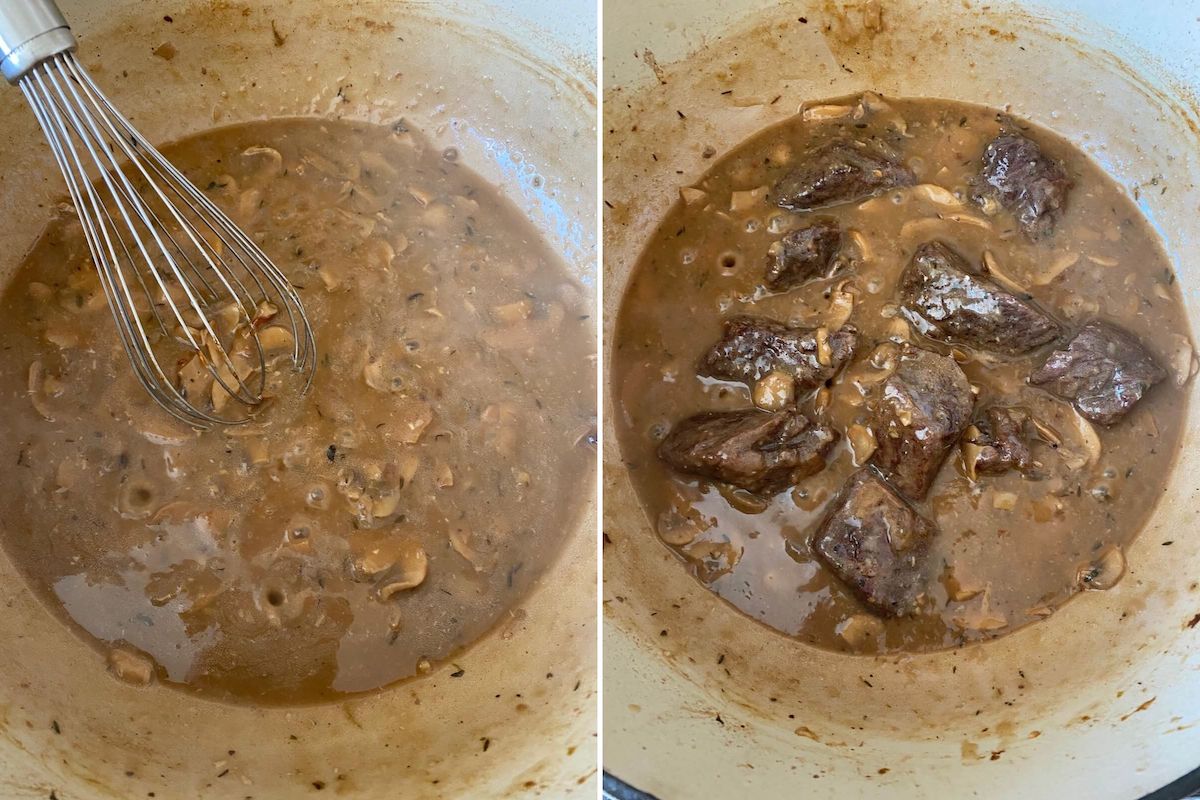 Two images side by side. The first one shows mushroom gravy being whisked in the dutch oven. The second one shows the steak tips added back into the pot with the mushroom gravy.