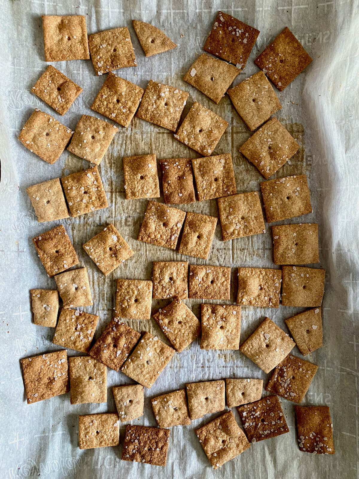 Baked sourdough wheat crackers on a baking sheet lined with parchment paper.