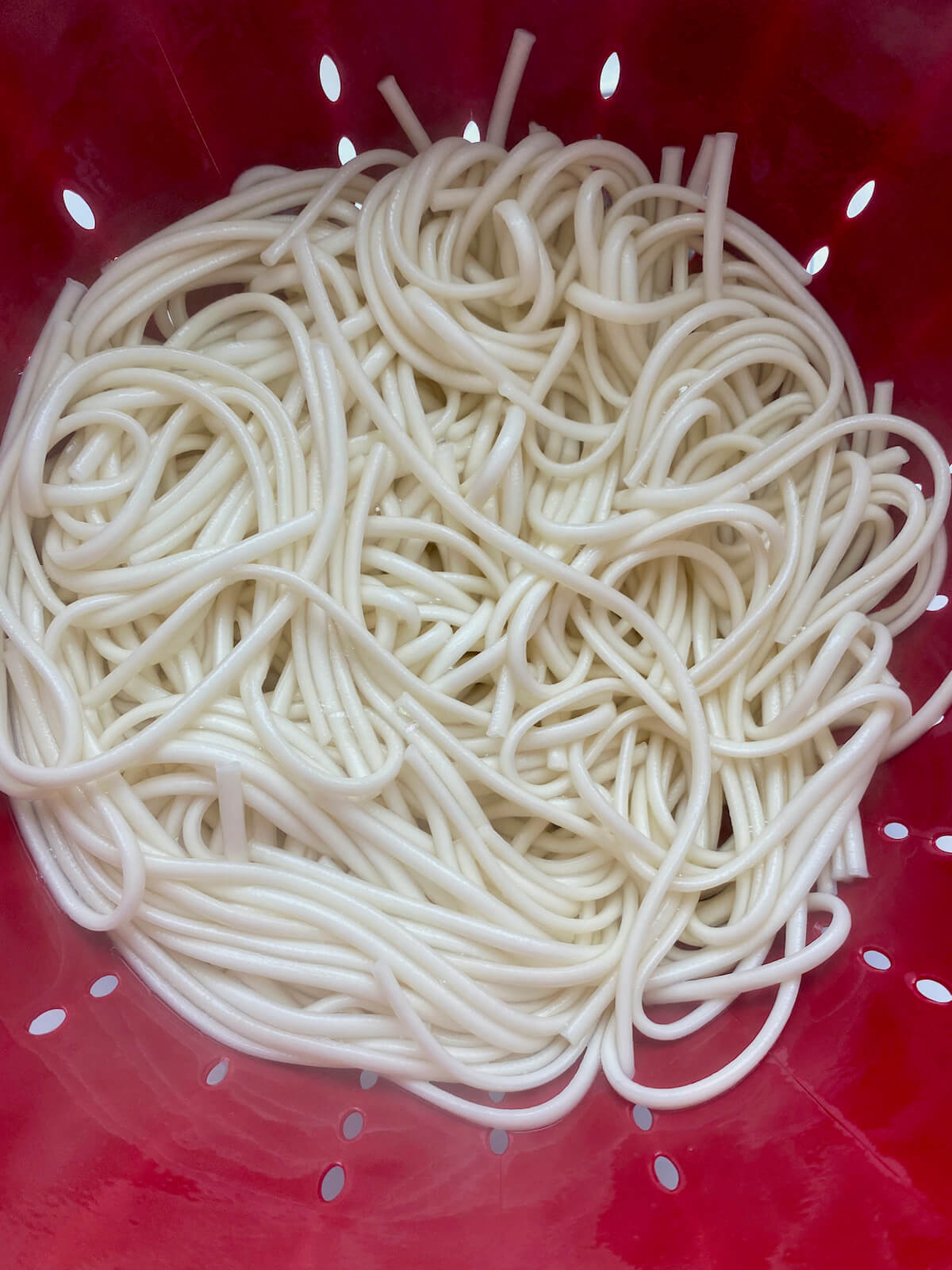 Cooked udon noodles draining in a red colander.