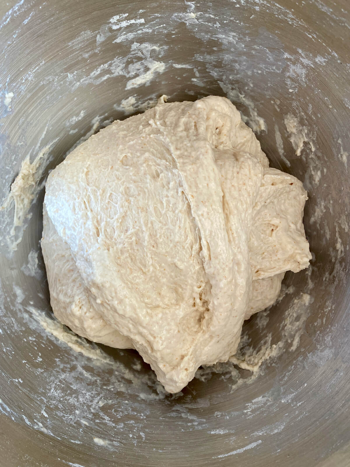 Pizza dough after a series of stretch and folds.