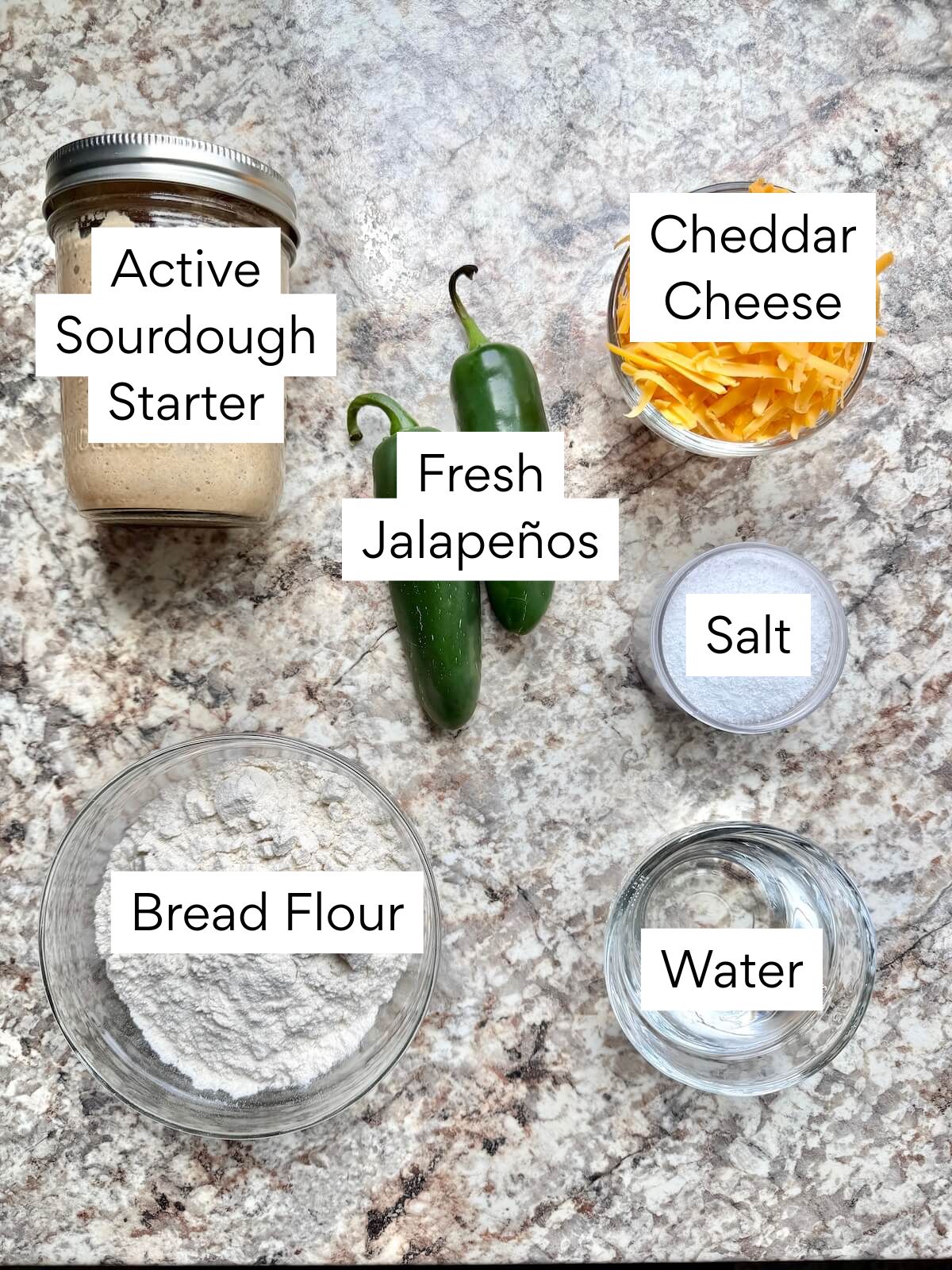 The ingredients to make jalapeƱo cheddar sourdough bread. Each ingredient is labeled with text. They include active sourdough starter, fresh jalapeƱos, cheddar cheese, bread flour, water, and salt.
