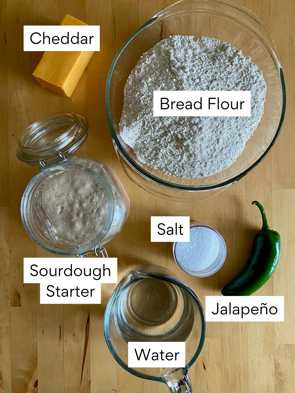 The ingredients to make jalapeño cheddar sourdough bread. Each ingredient is labeled with text. They include cheddar, bread flour, sourdough starter, salt, jalapeño, and water.