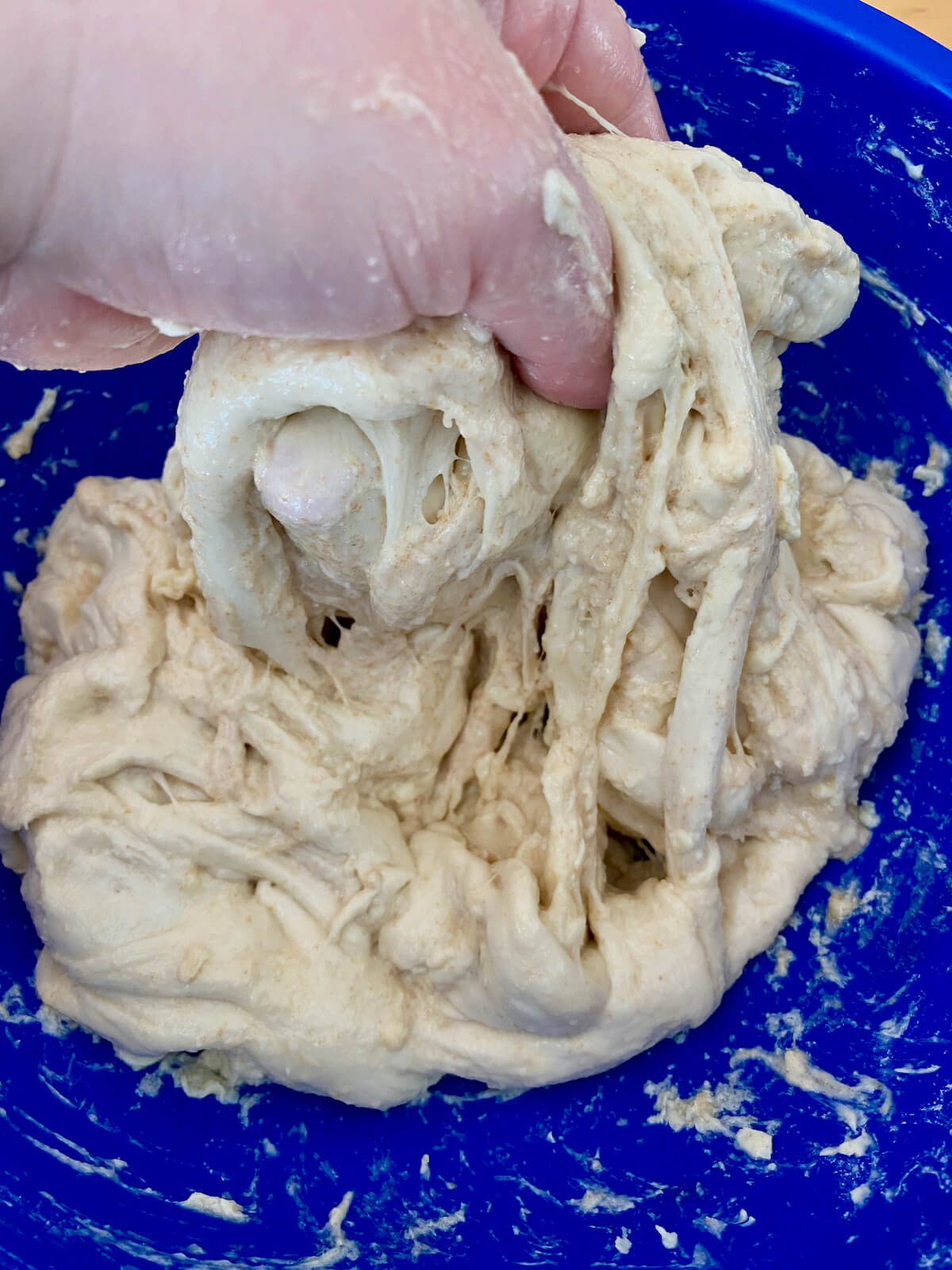 The dough during the mixing step. It is stringy and not well mixed together yet.