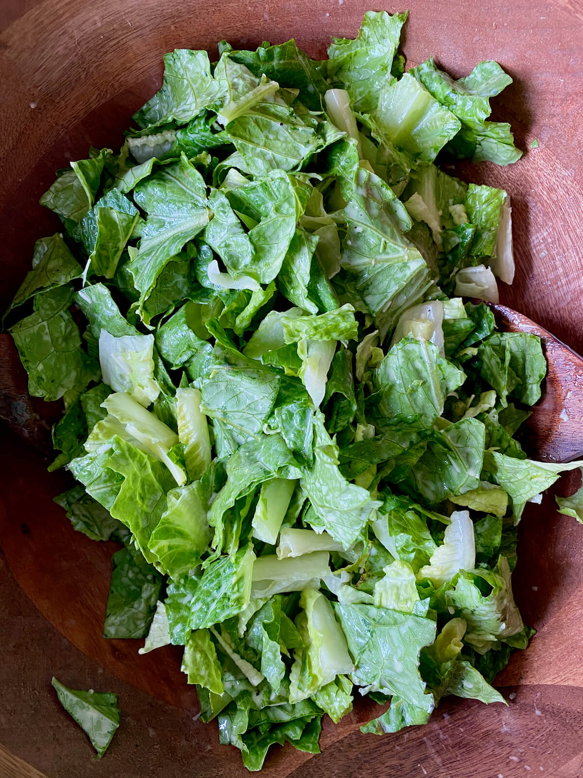 Romaine lettuce tossed with caesar dressing in a large wooden salad bowl.