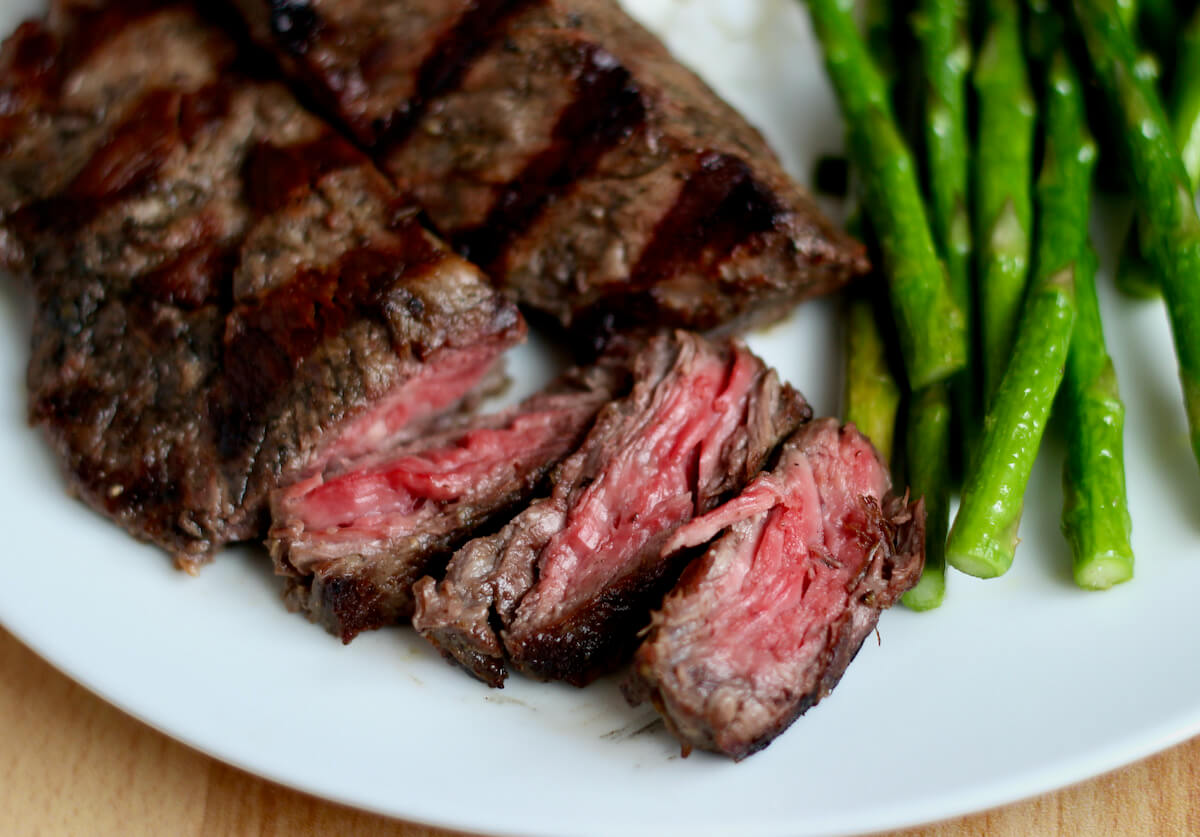 Sliced grilled steak tips next to asparagus spears on a white dinner plate.