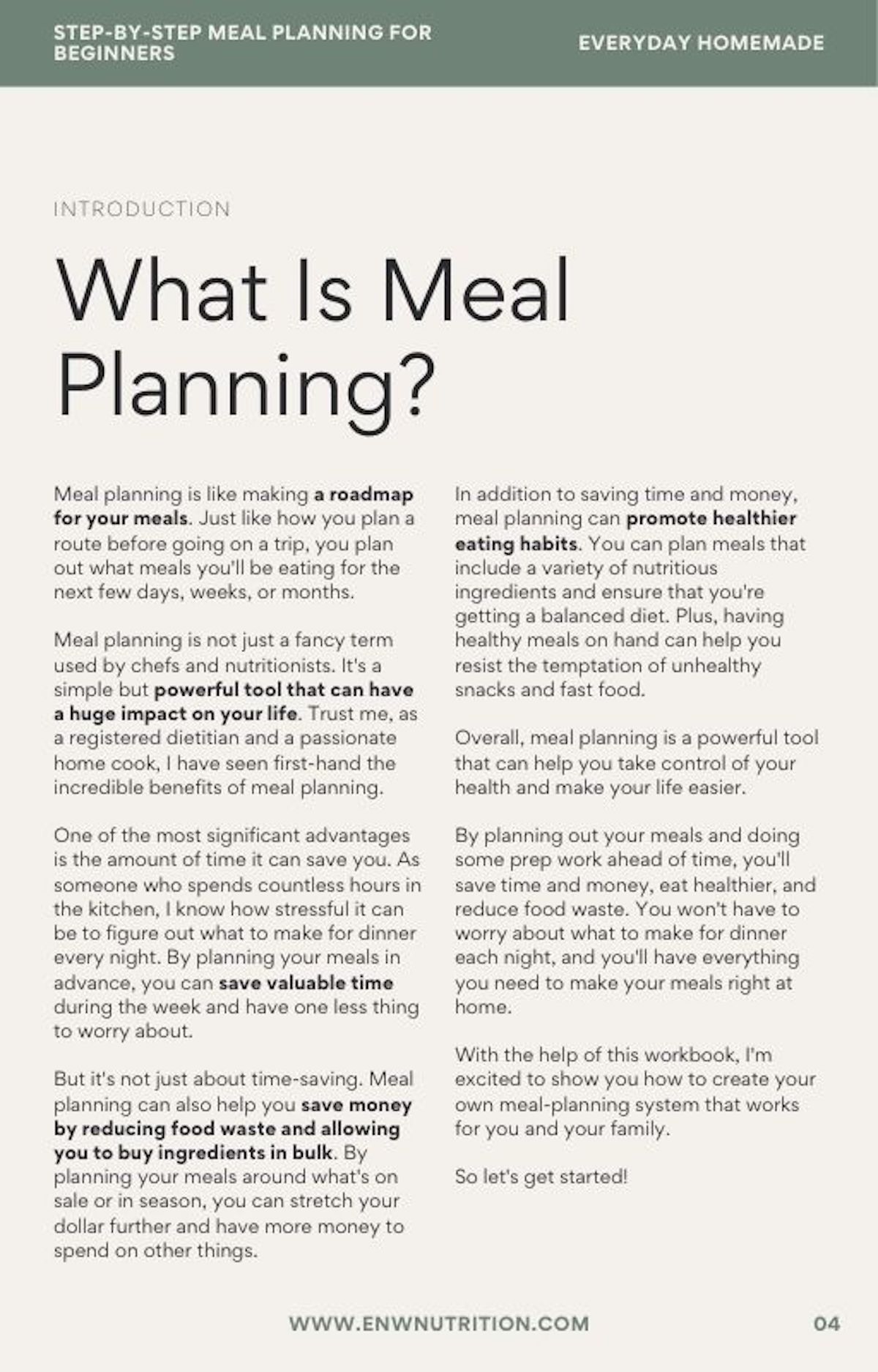 A preview of a page in the Meal Planning for Beginners Workbook that says "what is meal planning."