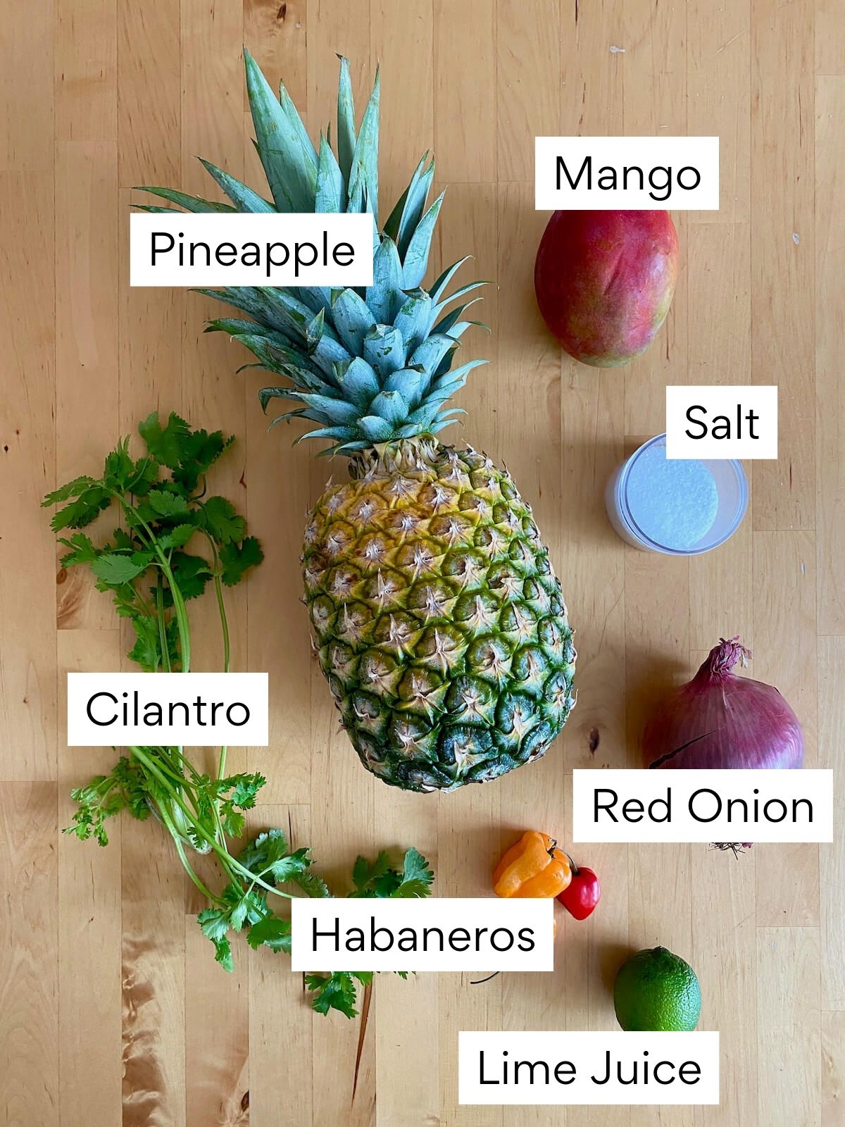 The ingredients to make pineapple mango habanero salsa. Each ingredient is labeled with black text on a white background.