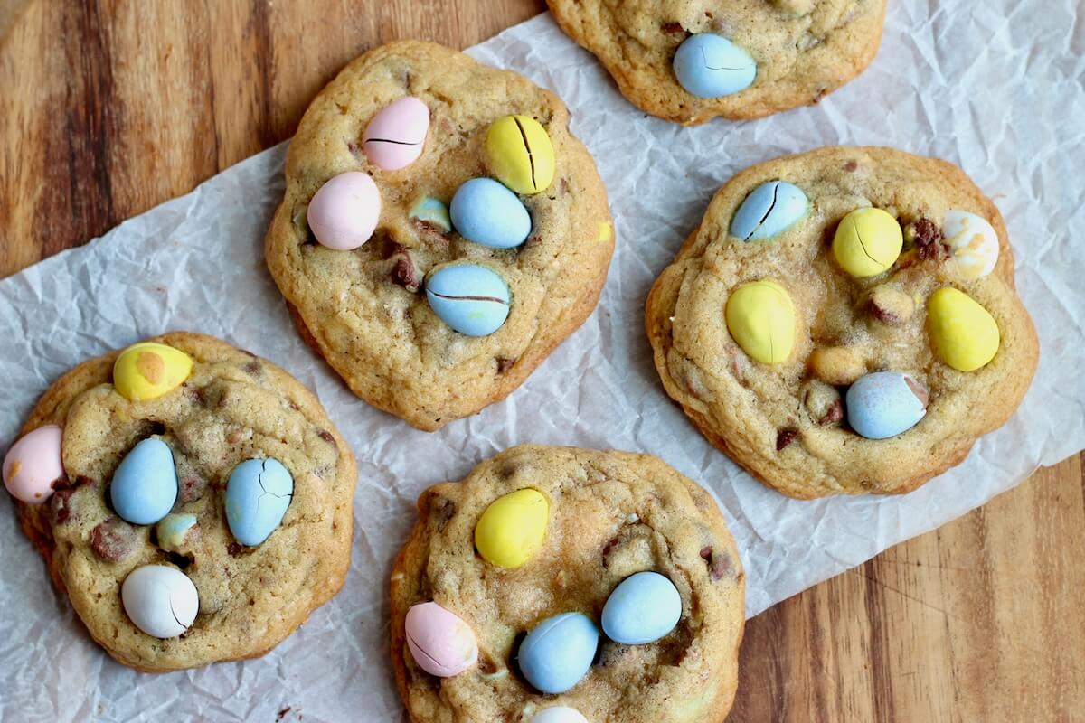 Five sourdough chocolate chip cookies with Cadbury mini eggs added for Easter.