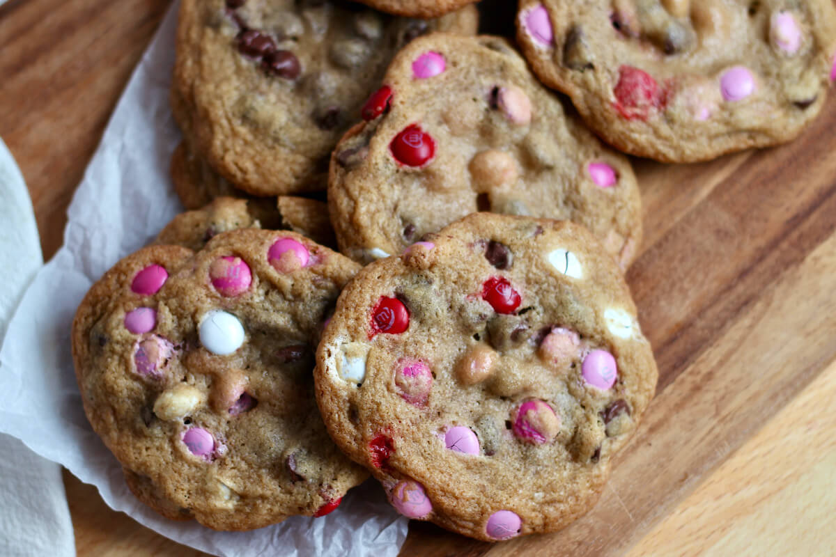 Sourdough chocolate chip cookies with Valentine's Day M&M's mixed in.