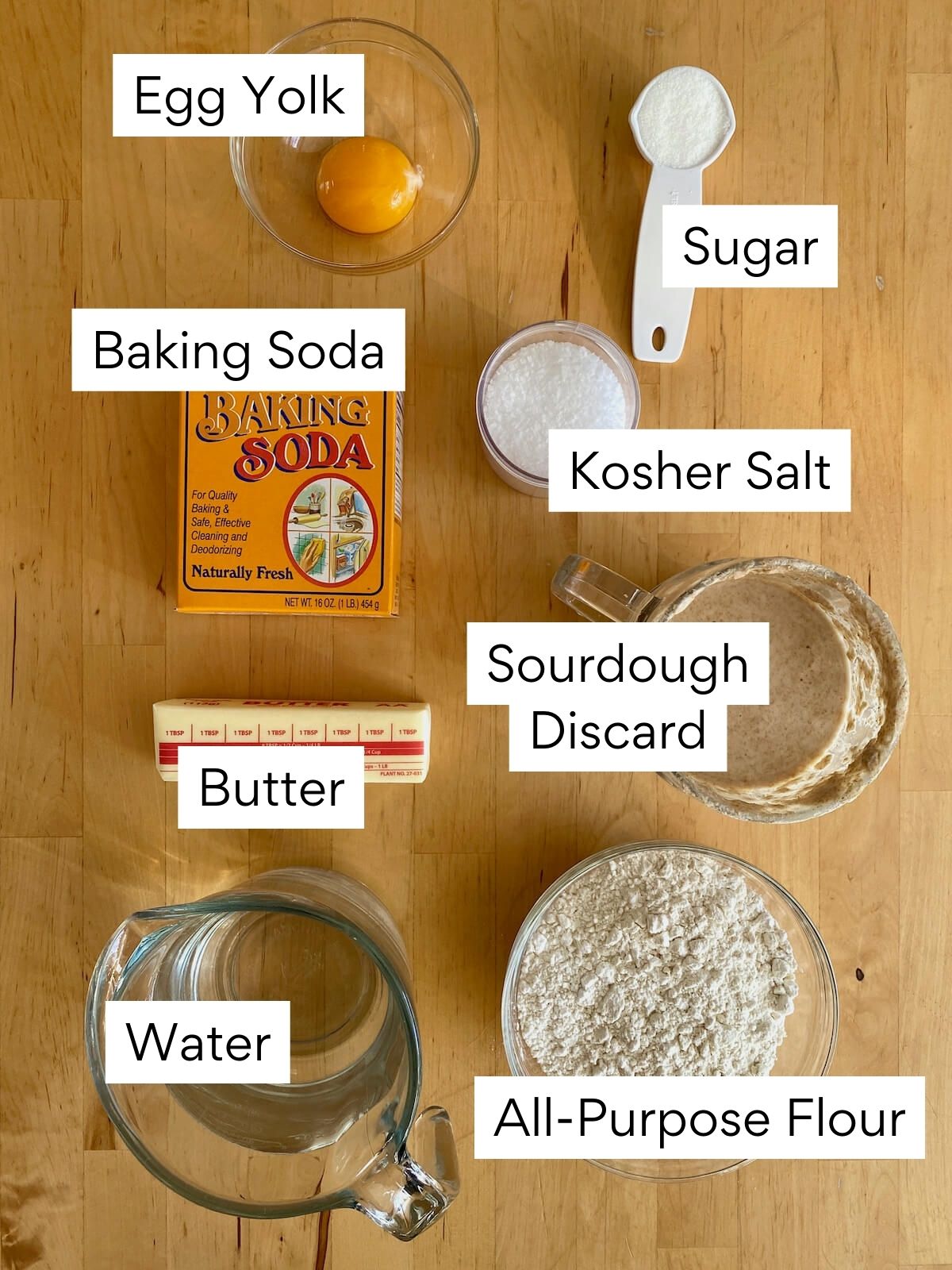 The ingredients to make sourdough discard soft pretzels. Each ingredient is labeled with text. They include egg yolk, sugar, baking soda, kosher salt, butter, sourdough discard, water, and all-purpose flour.
