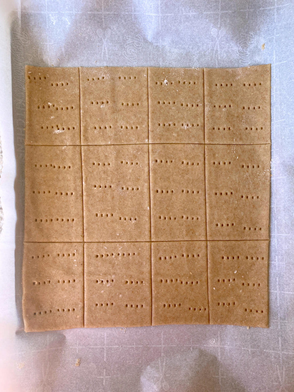 Rolled out graham cracker dough cut into rectangles and docked with a fork.