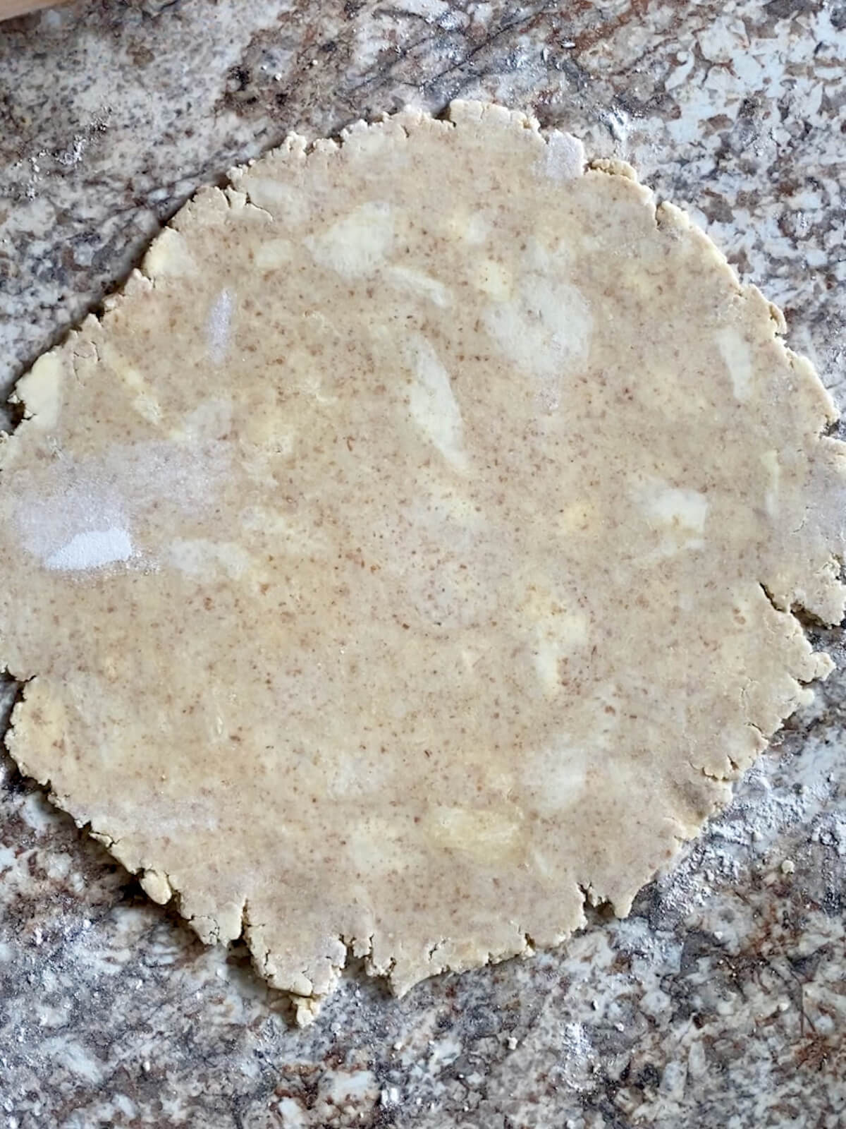 Sourdough pie crust rolled out into a 12-inch circle.
