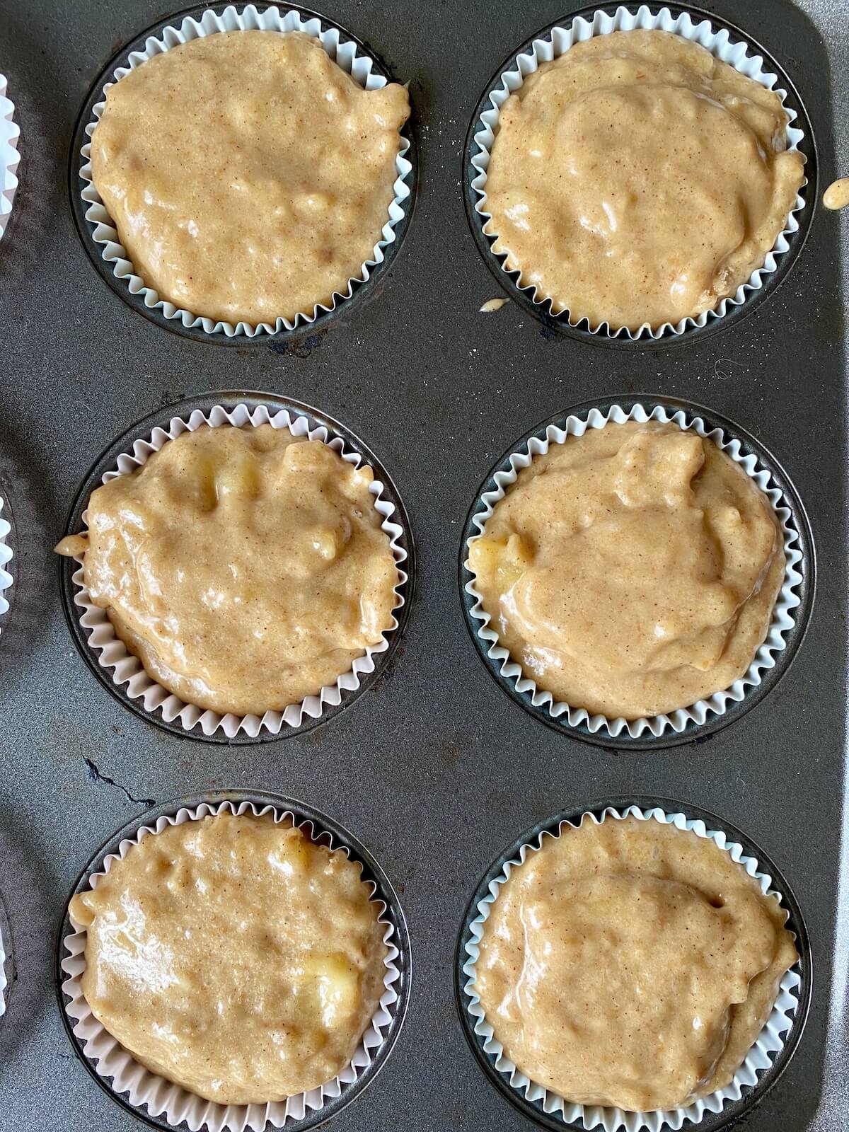 Six paper lined muffin wells filled with sourdough banana muffin batter.