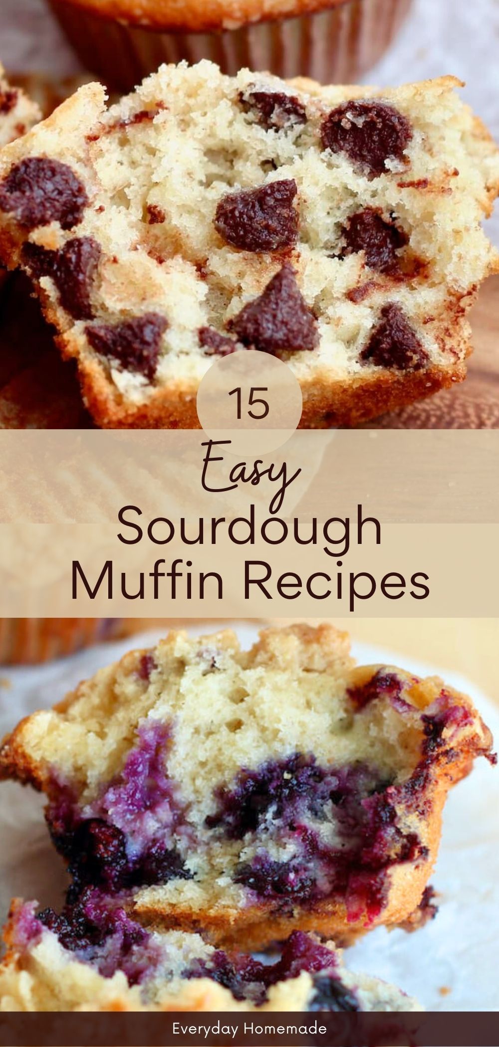 An image of a sourdough chocolate chip muffin and a sourdough discard blueberry muffin with the text "15 Easy Sourdough Muffin Recipes" in between them.