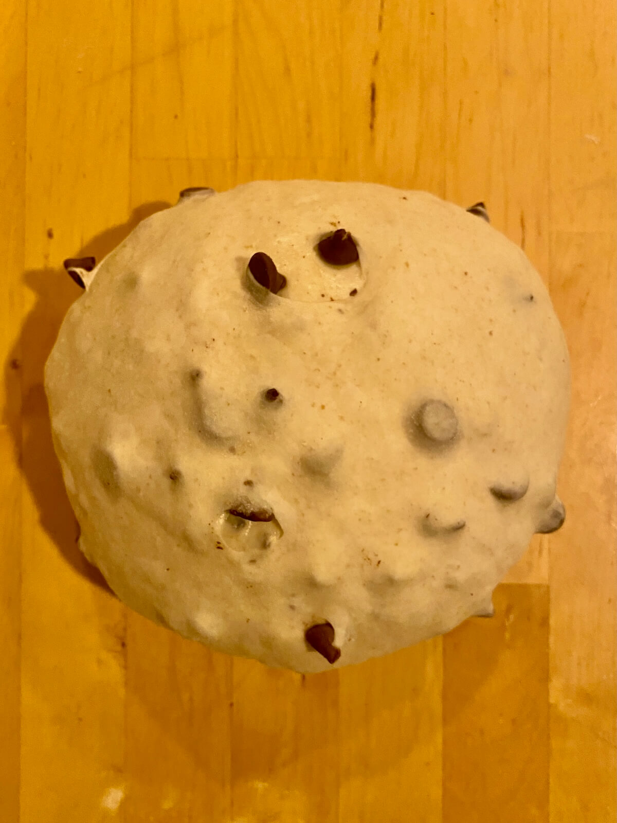 A round shaped chocolate chip sourdough bread dough on a wooden counter.