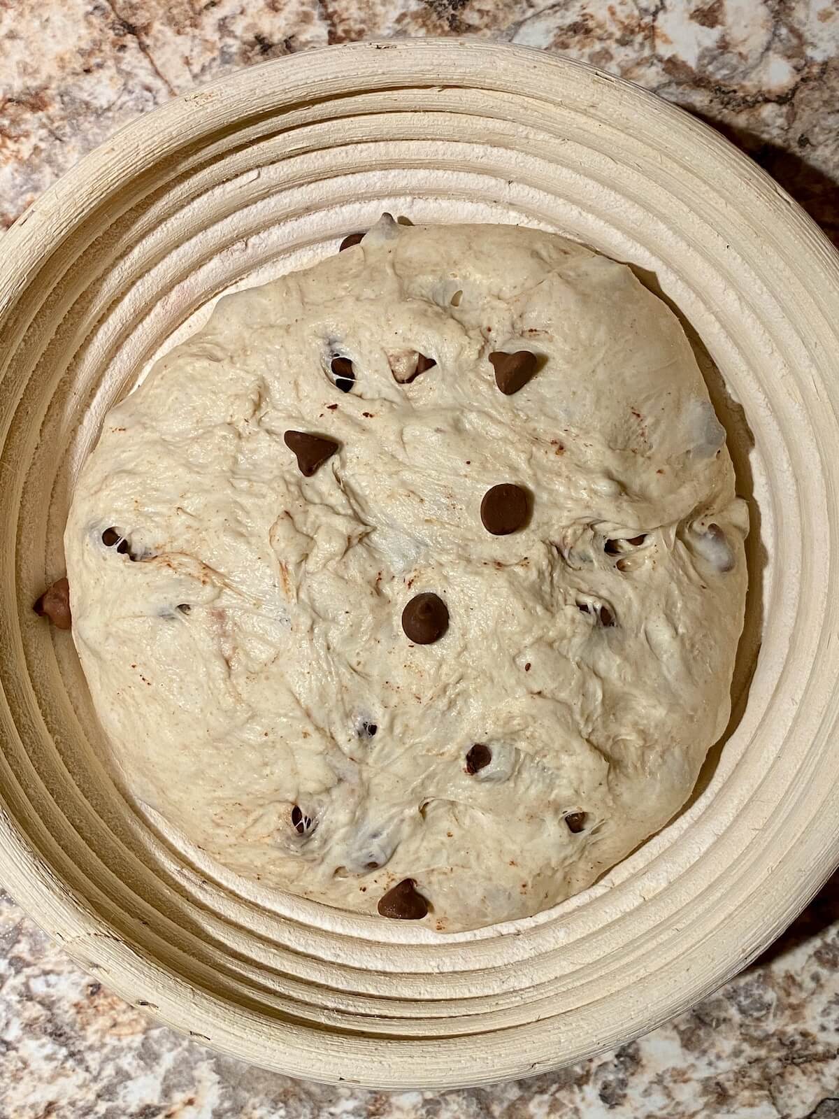The dough in a banneton basket before proofing overnight.