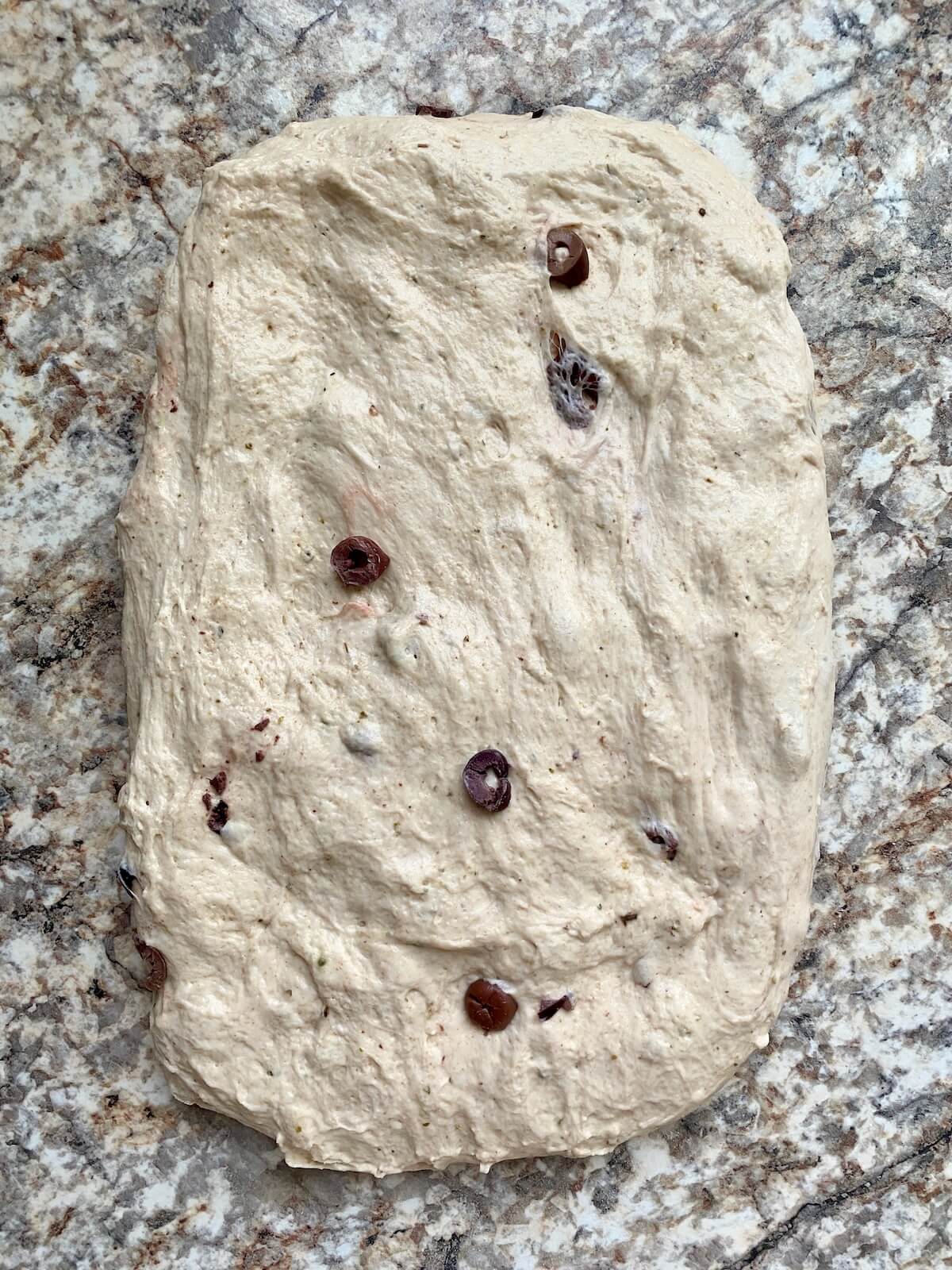The fermented dough stretched into a rectangle on a floured countertop.