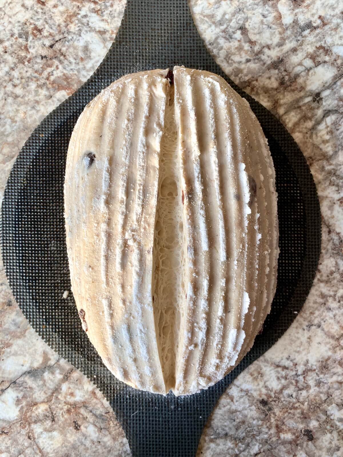 A batard-shaped sourdough olive bread dough scored down the middle.