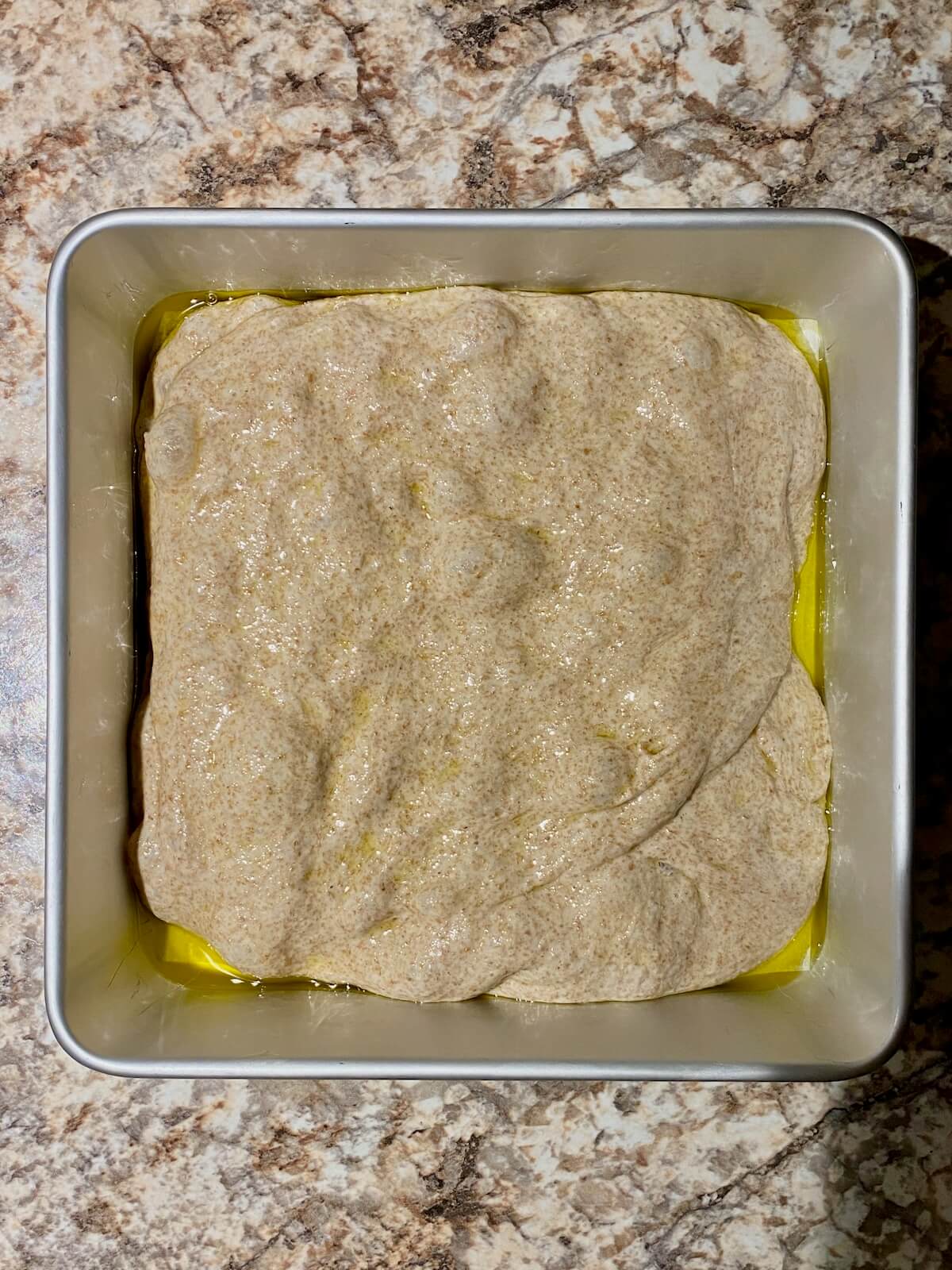 The dough stretched into a square aluminum pan lined with parchment paper and coated in olive oil.