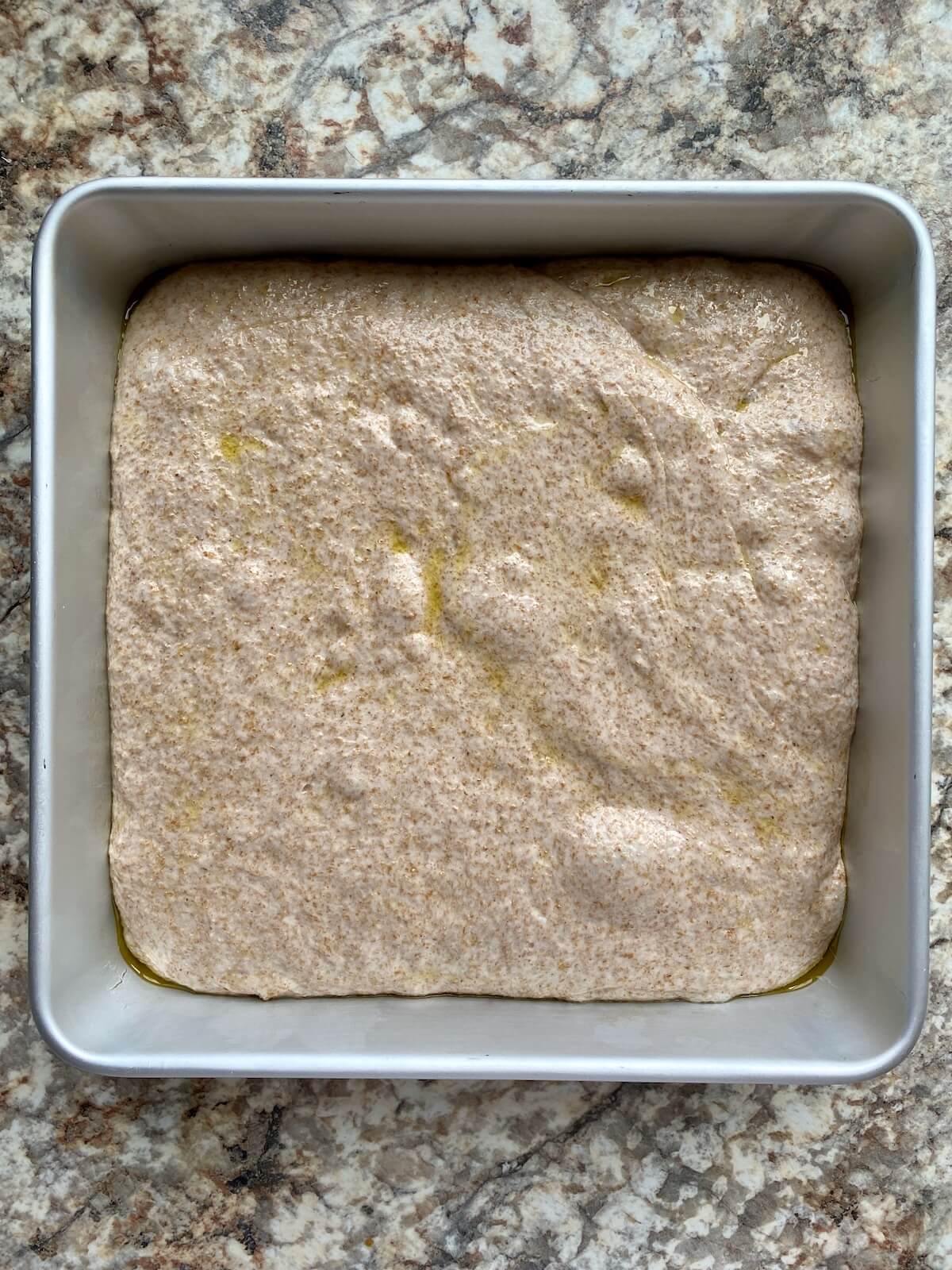 The dough in a square pan after proofing.