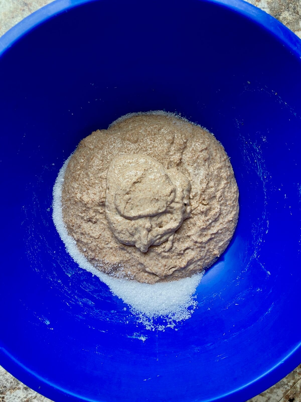 Sourdough starter and kosher salt added to the flour and water in a bowl.