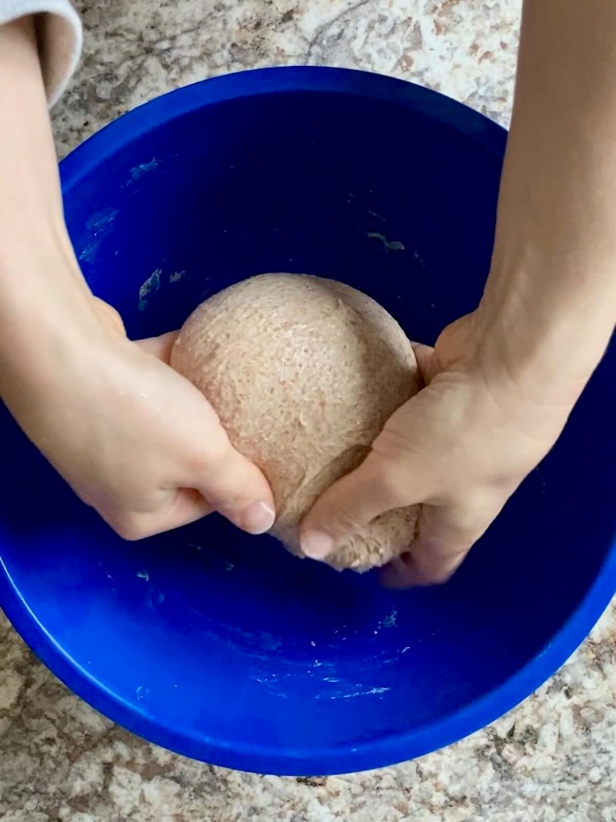 The stretched and folded dough being gathered into a ball and placed seam side down in a bowl.
