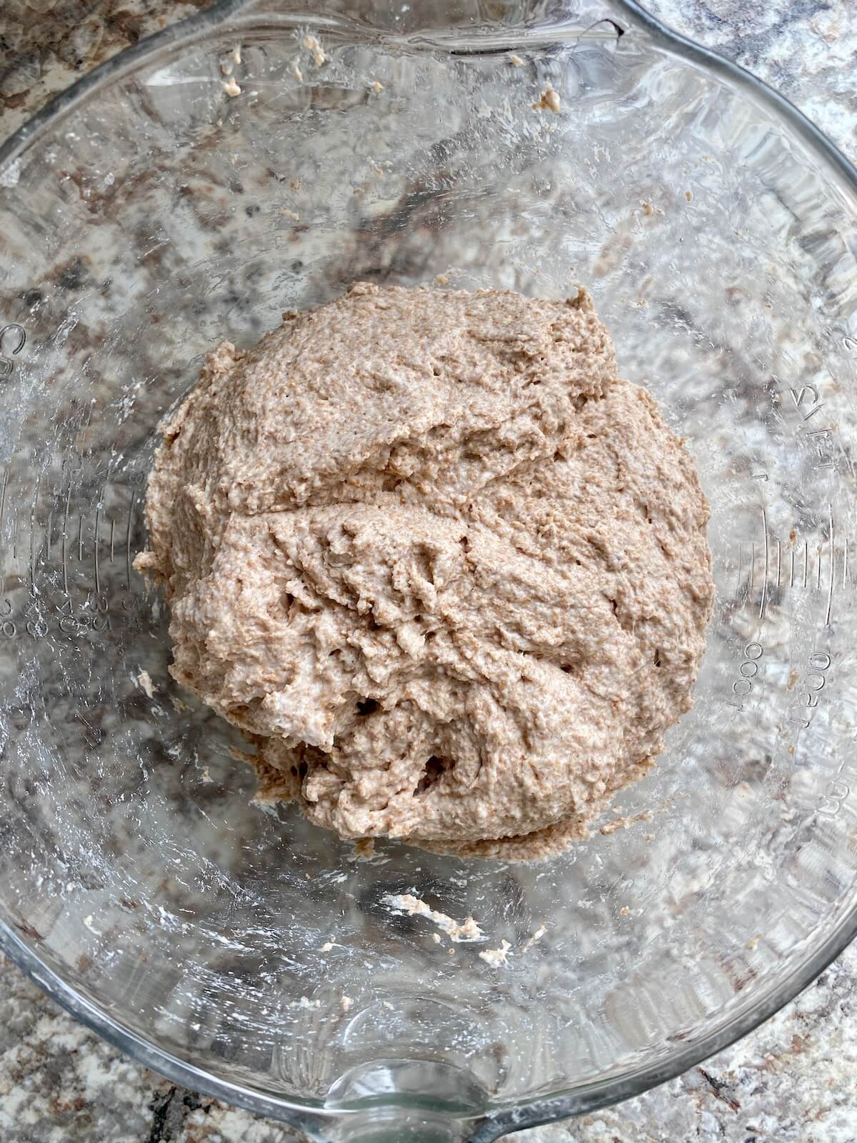 Whole wheat flour and water mixed together in a glass bowl.