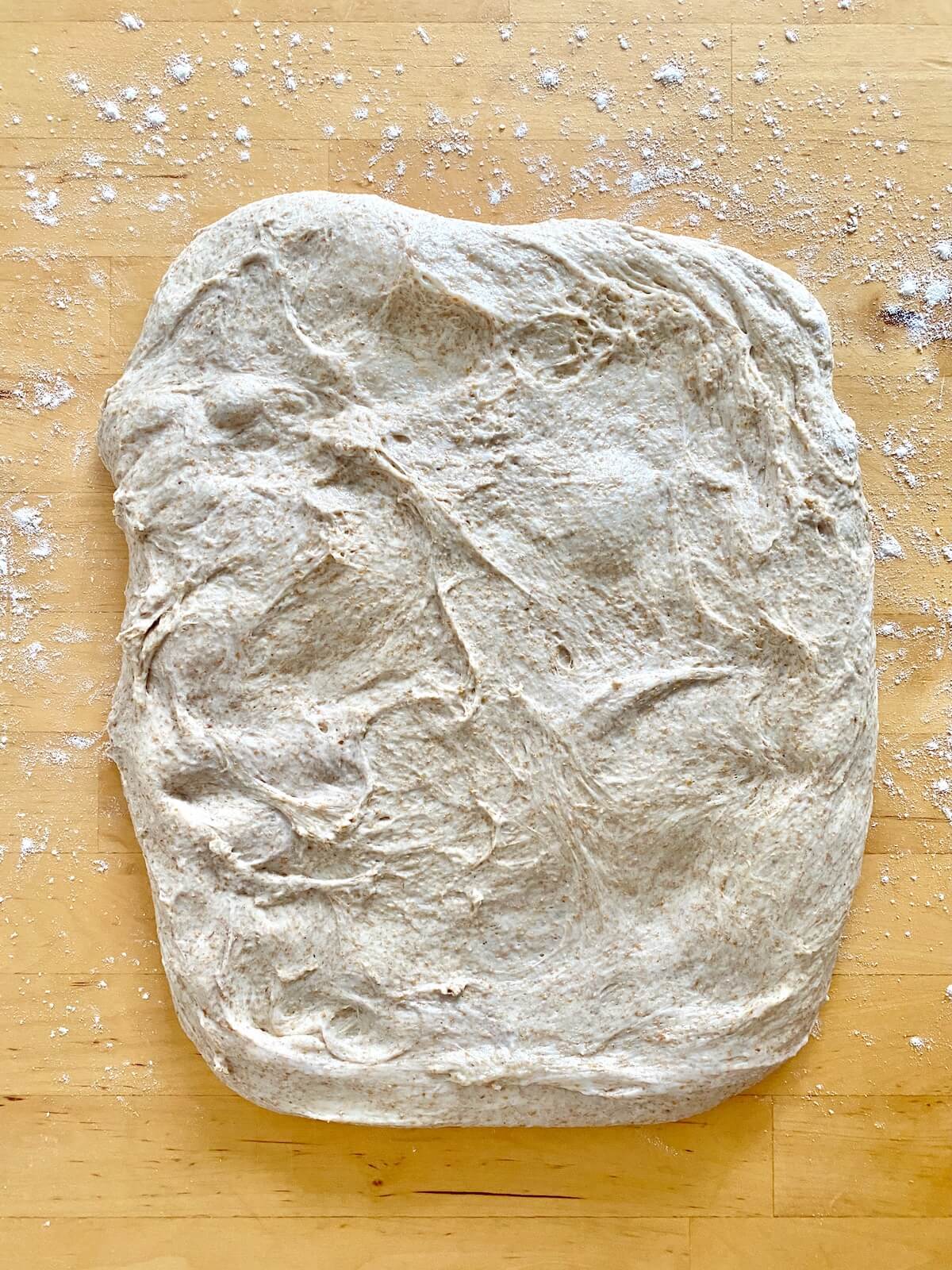 The fermented dough stretched out into a rectangle on a floured countertop.