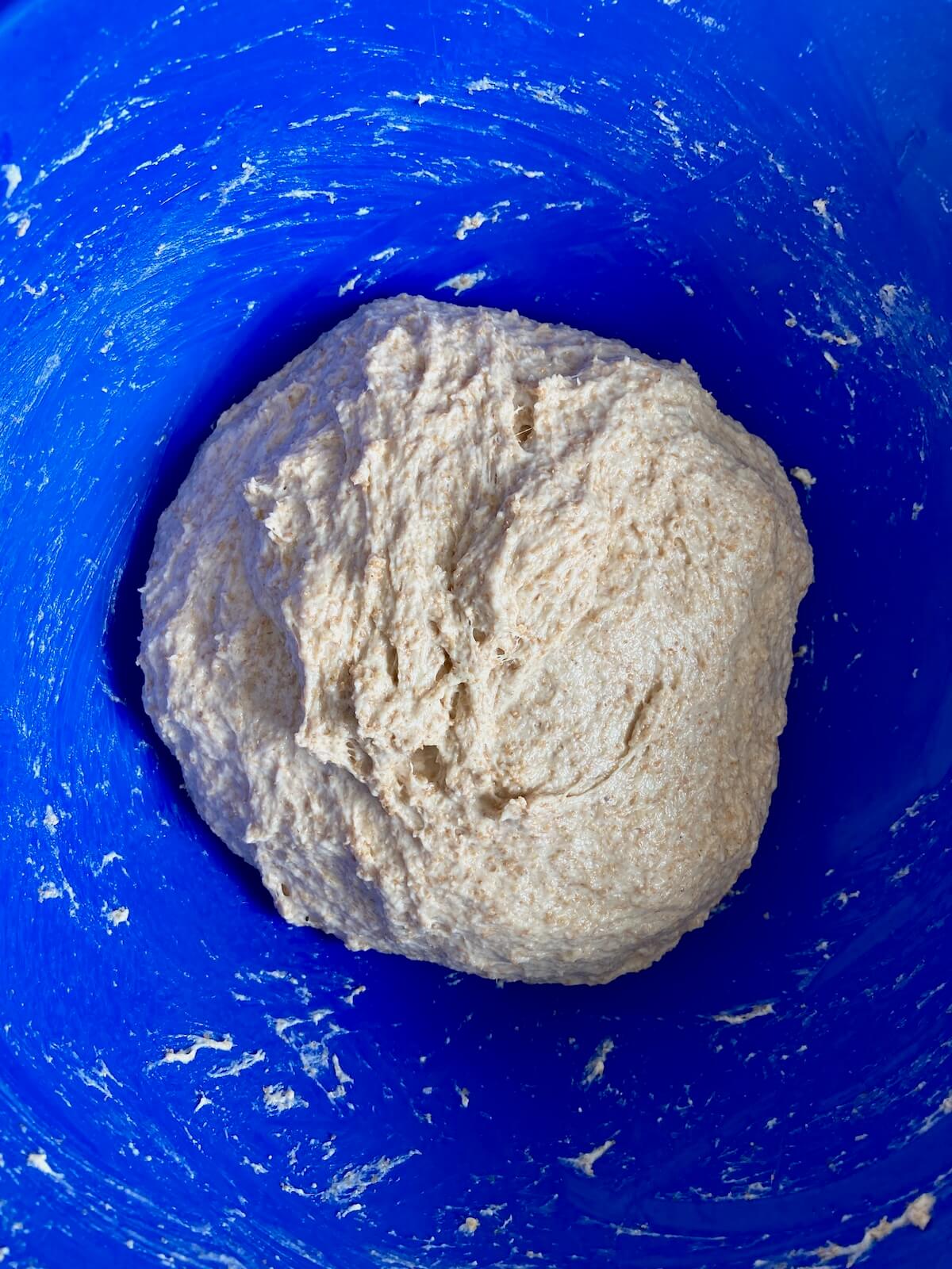 The dough mixed together in a blue bowl.