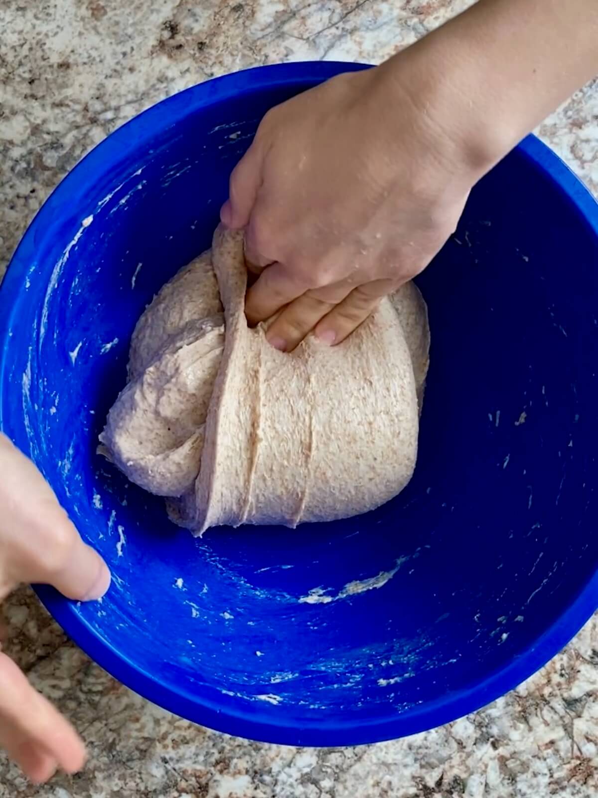 A pair of hands stretching and folding the dough in a mixing bowl.