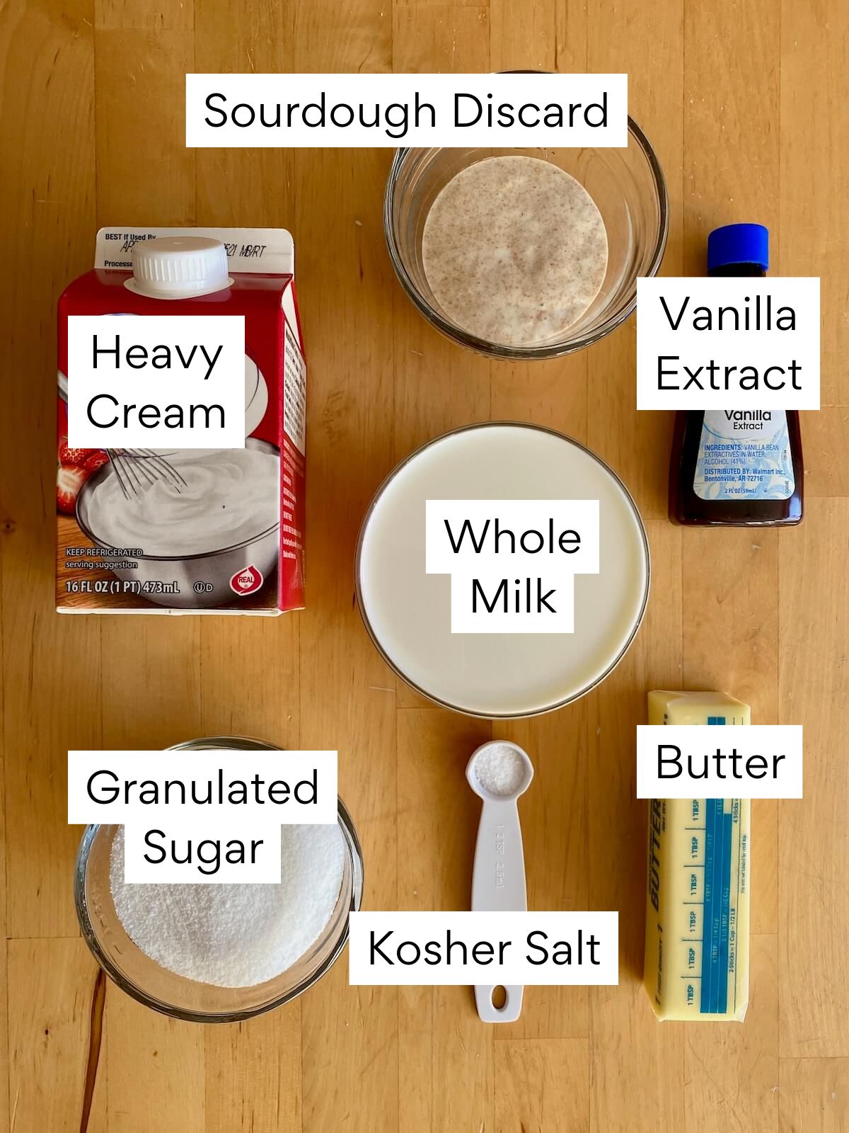 The ingredients to make sourdough ice cream. Each ingredient is labeled with text. They include sourdough discard, heavy cream, whole milk, vanilla extract, granulated sugar, kosher salt, and butter.