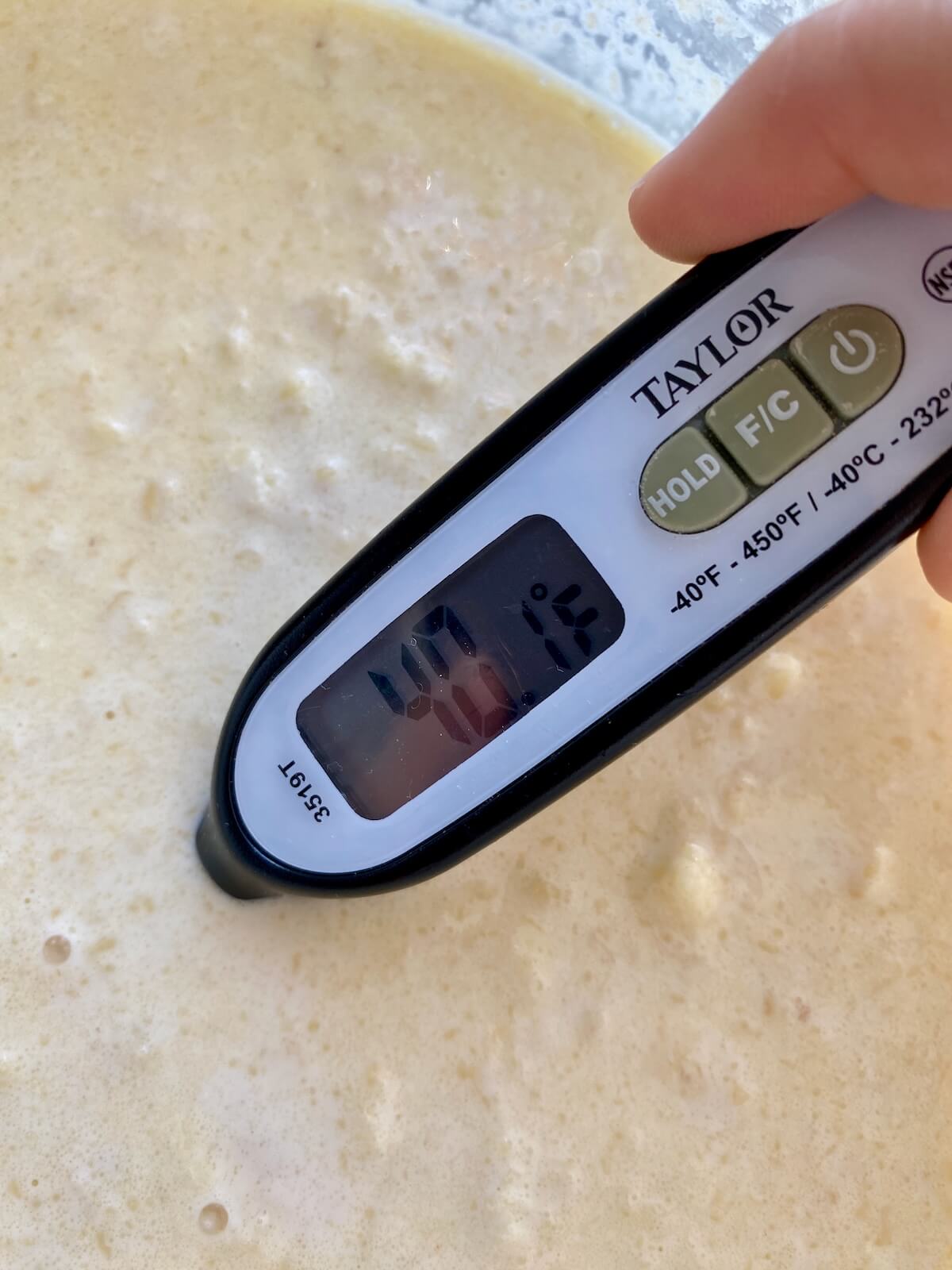 The sourdough ice cream base chilled to 40 degrees Fahrenheit.