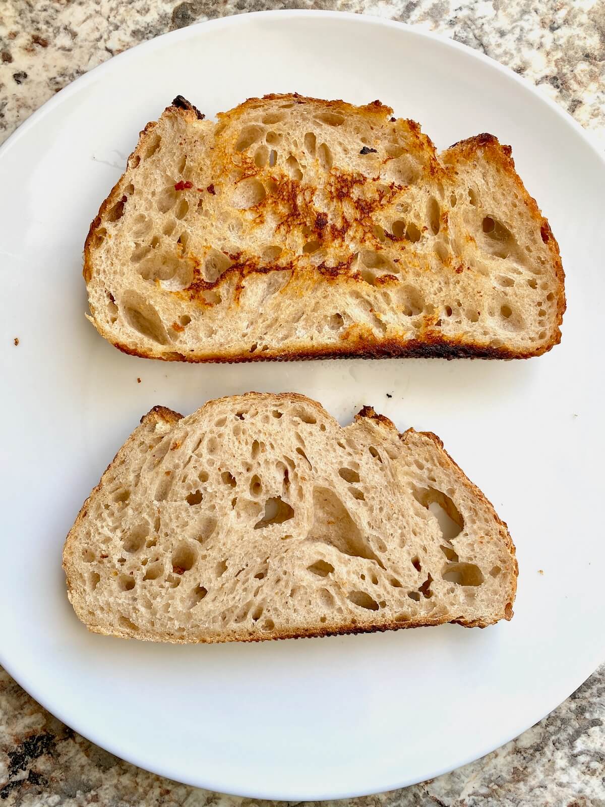 Two slices of toasted sourdough bread on a small white plate.