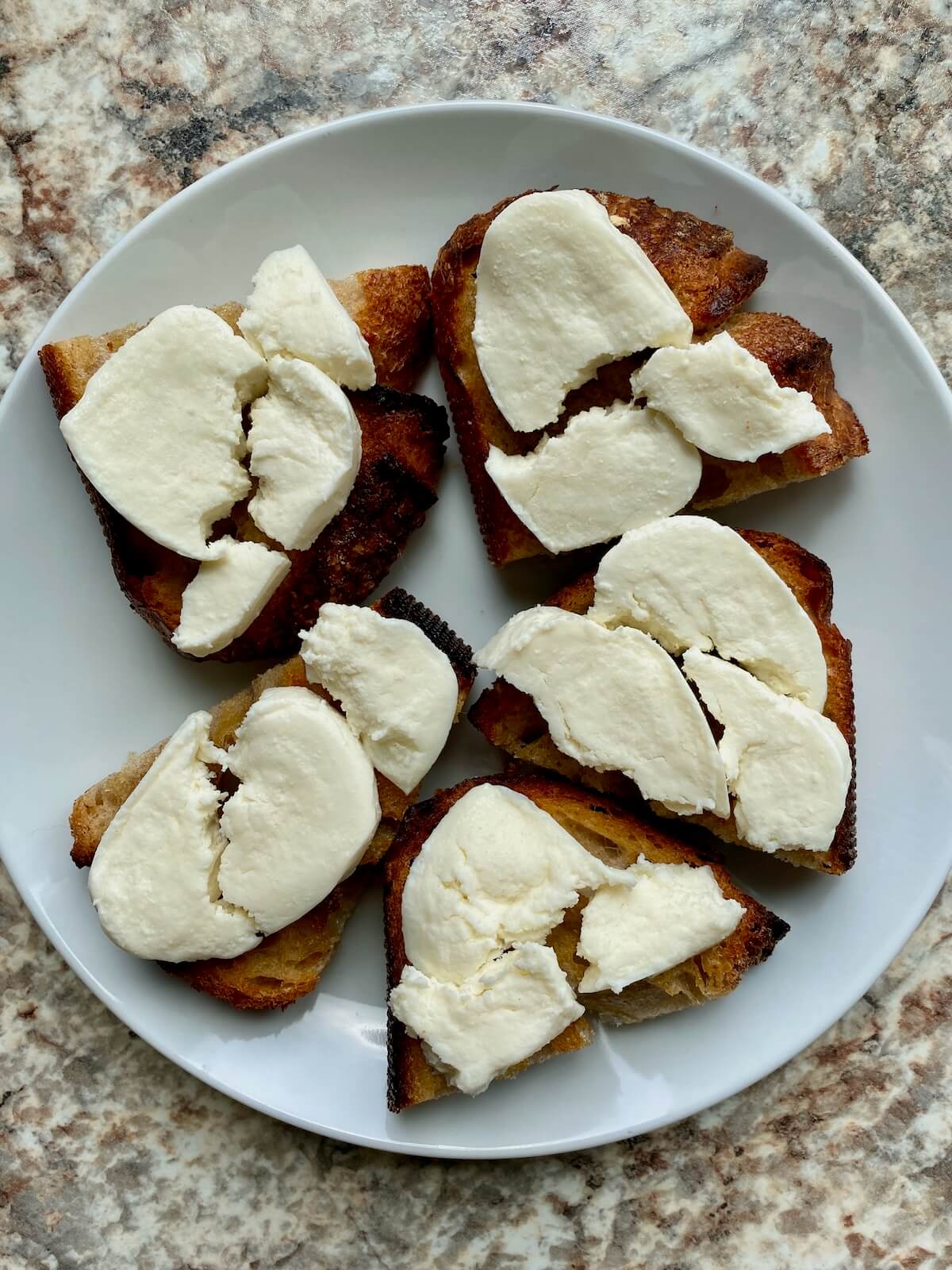 Toasted sourdough bread with fresh mozzarella cheese on top of it on a small white plate.