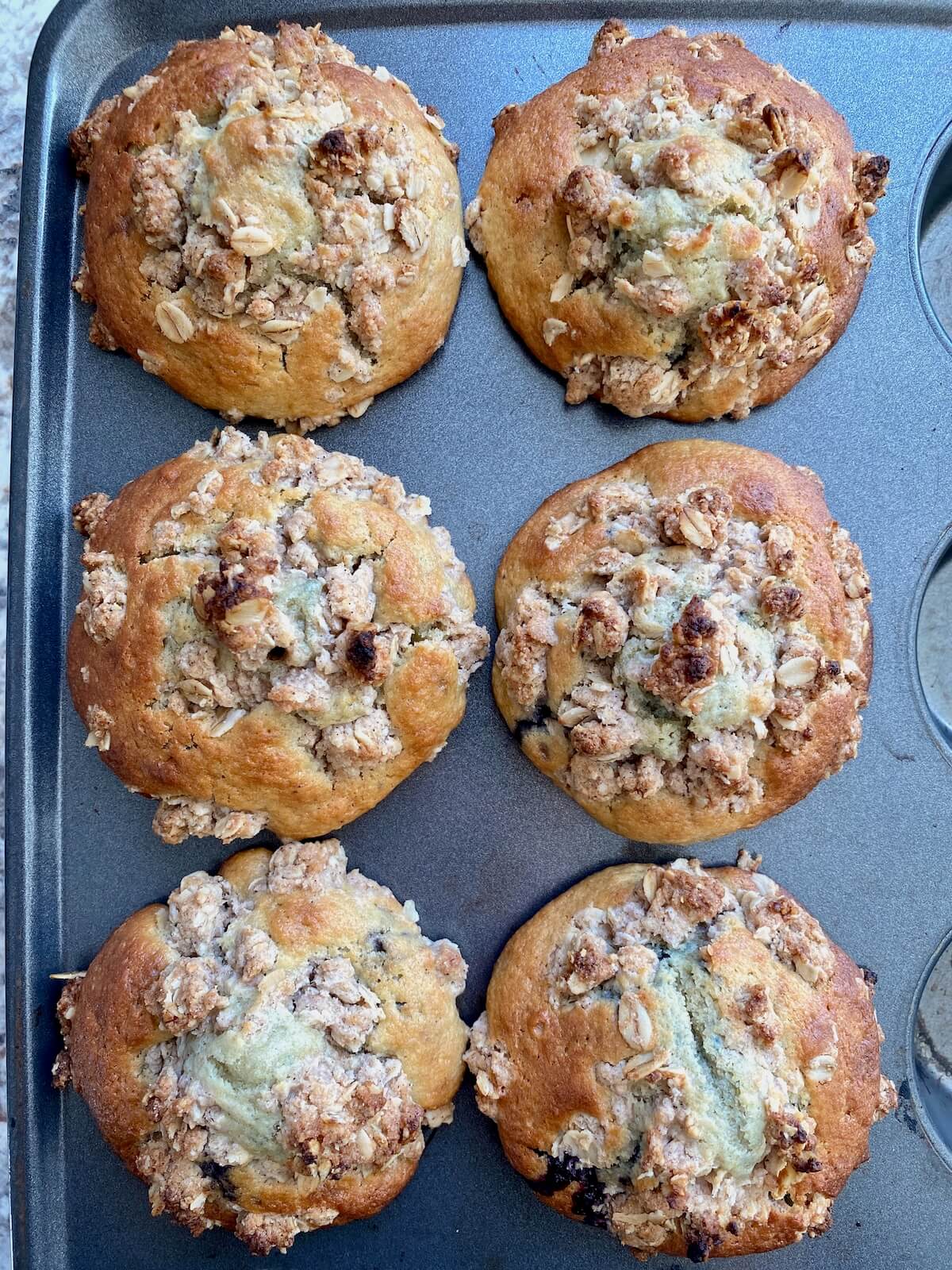 Baked sourdough blueberry muffins in a muffin tin.