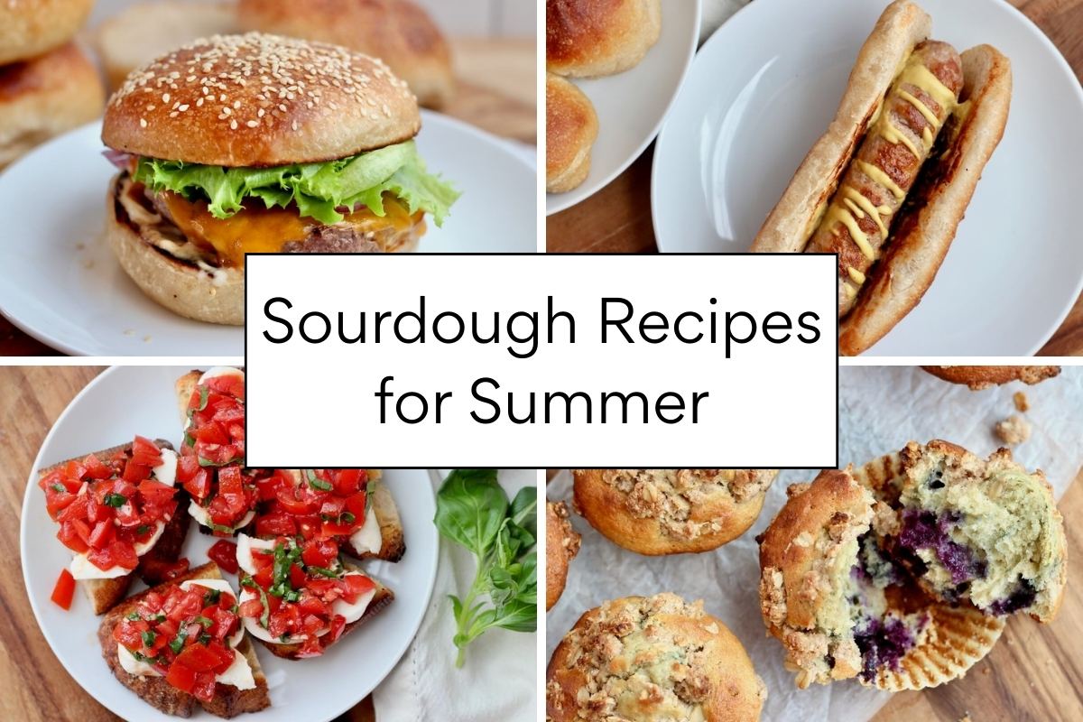 Four images in a 2 by 2 grid with a text box in the center that reads "Sourdough Recipes for Summer." The images include a cheeseburger, hot dog, tomato bruschetta, and blueberry muffins.