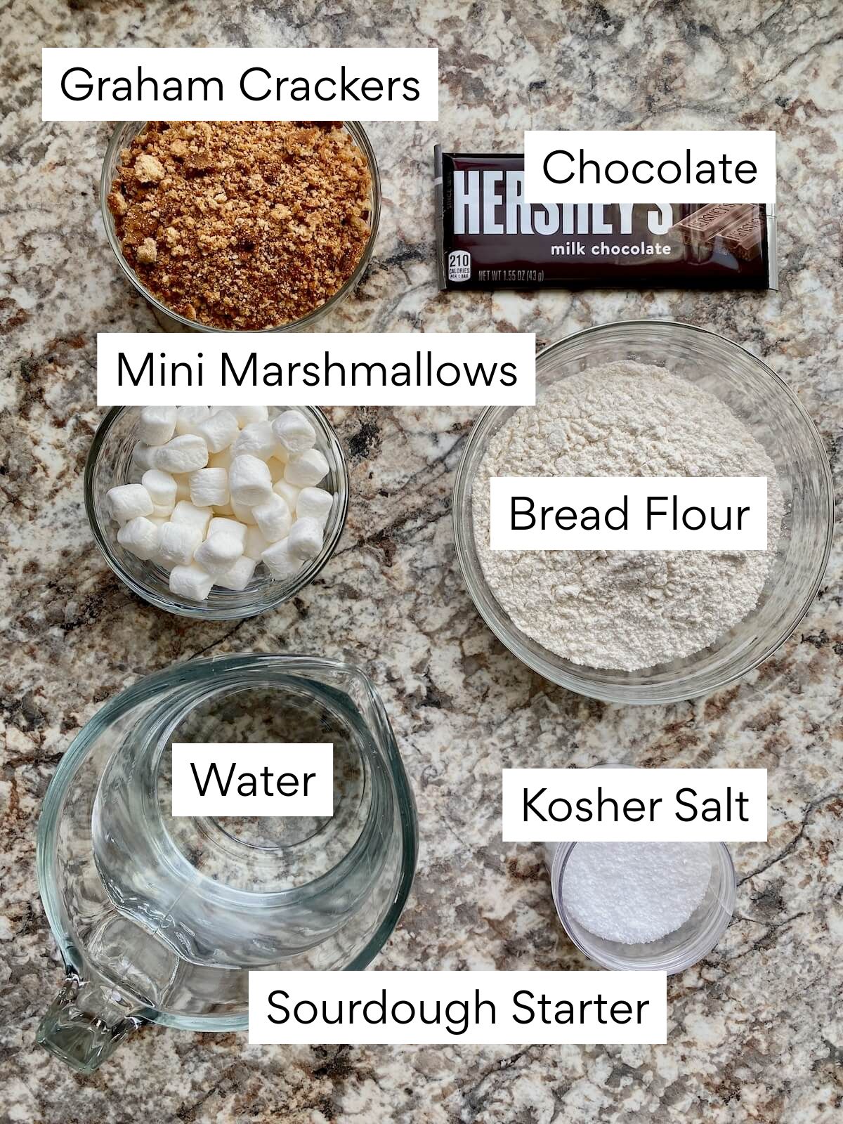 The ingredients to make s'mores sourdough bread. Each ingredient is labeled with text. They include graham crackers, chocolate, mini marshmallows, bread flour, water, kosher salt, and sourdough starter.